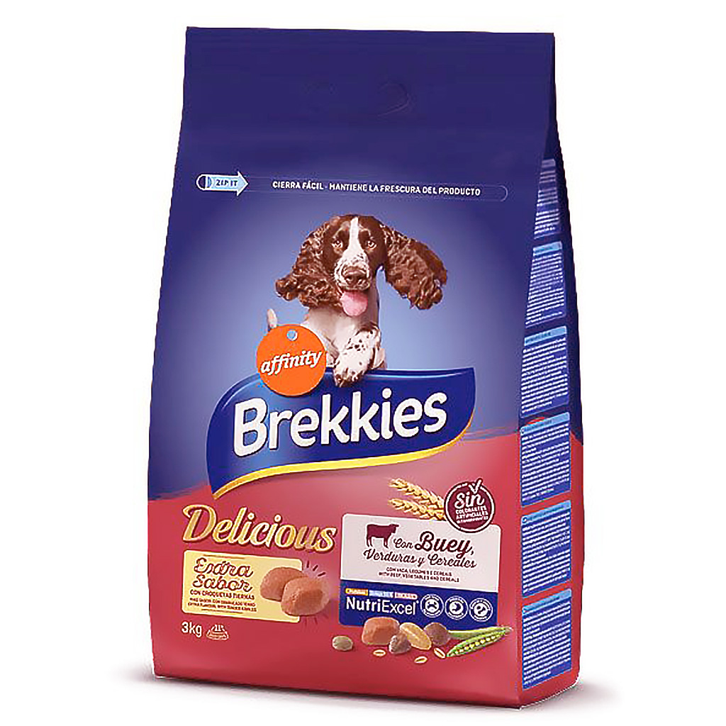Brekkies, Delicious Adult Buey y Verduras, 3kg, 7,25, Pienso para Perros con Buey, Pollo, Verduras y Cereales