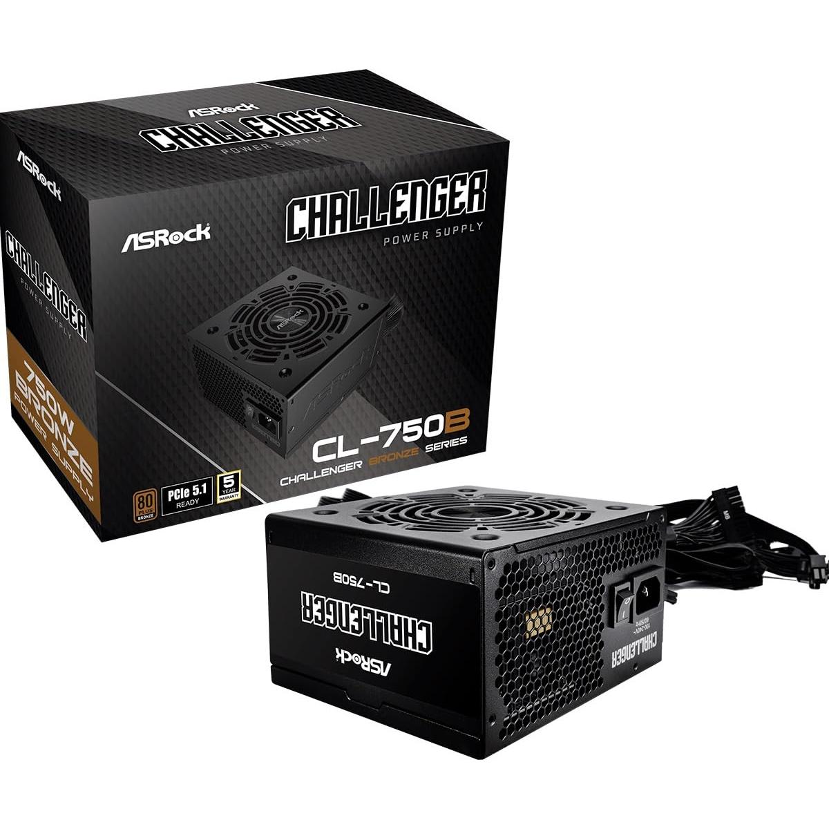 Fuente ALIMENTACION ASROCK CL-750B,PSU,750W,80 Plus Bronze,120MM,Active PFC,PCI-E 5.1 (12+4pin) x1,PCI-E (6+2 Pin) x4,SATA (5 Pin) x4