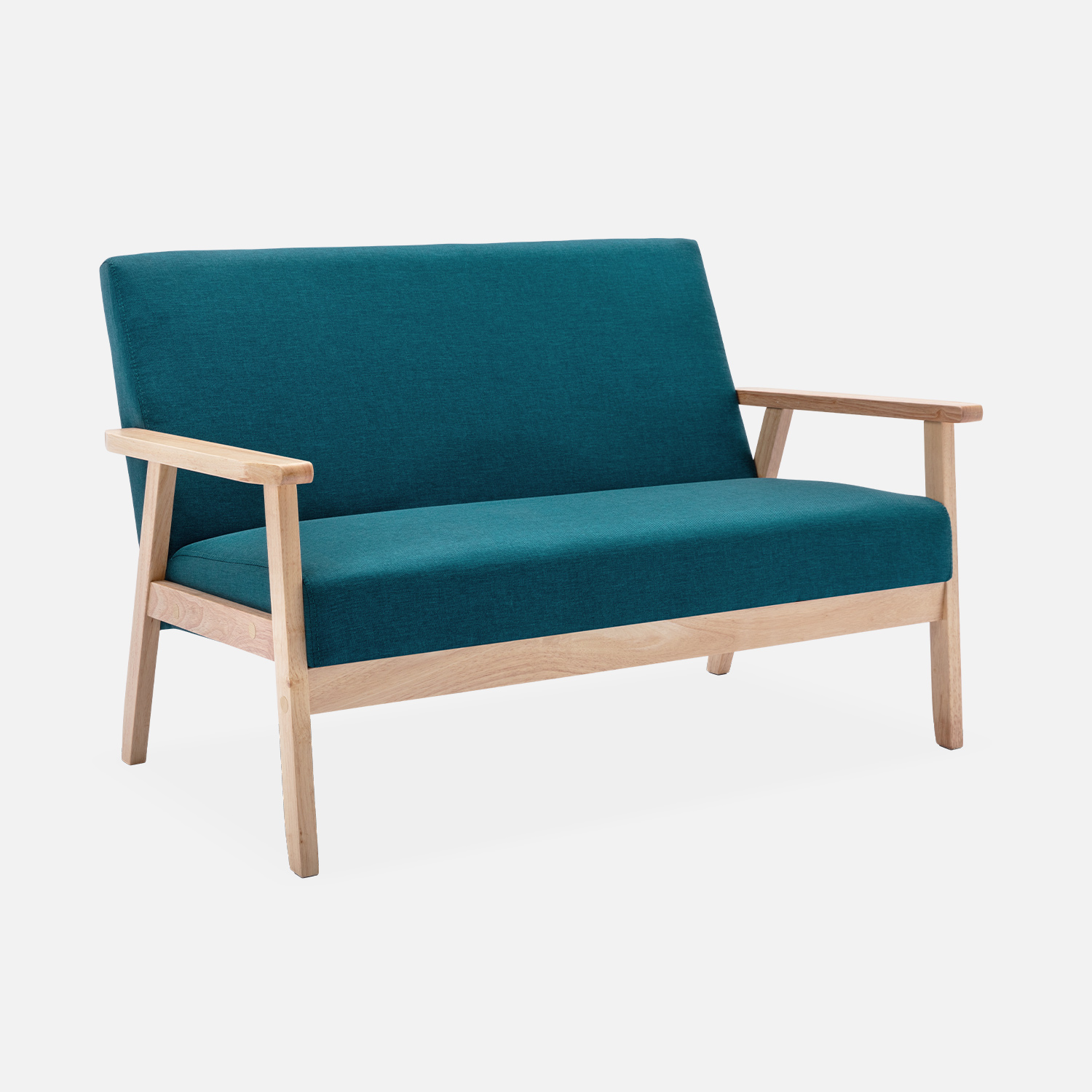 sweeek - Sofá o banco con tela y patas de madera, 2 plazas Azul esmeralda - 114x69.5x73 cm