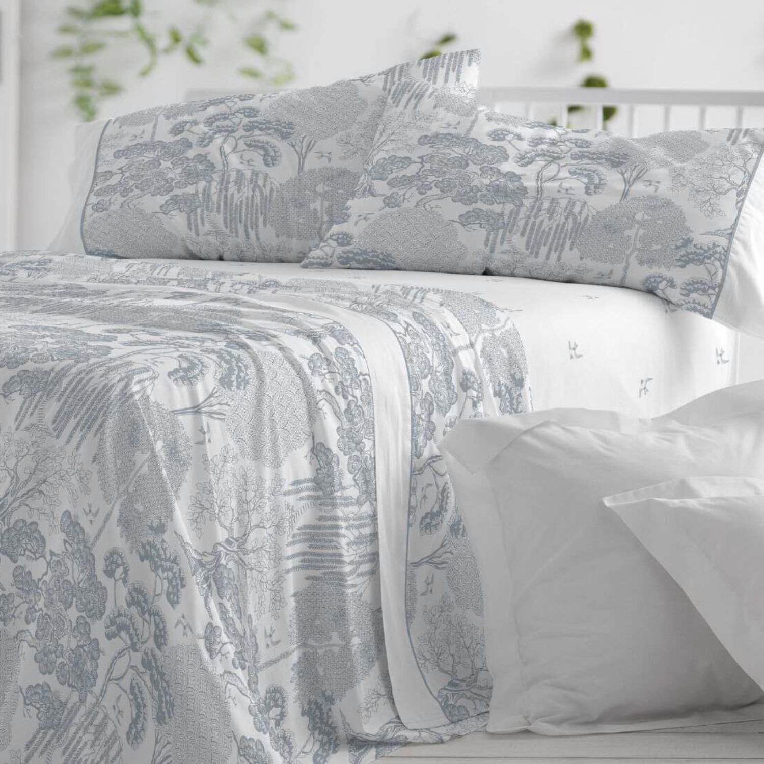 Juego Sábanas BURRITO BLANCO 50% Algodón Diseño Japonés Azul Noche - Tacto Suave, Fácil Planchado, Alta Durabilidad - Cama 90-200cm