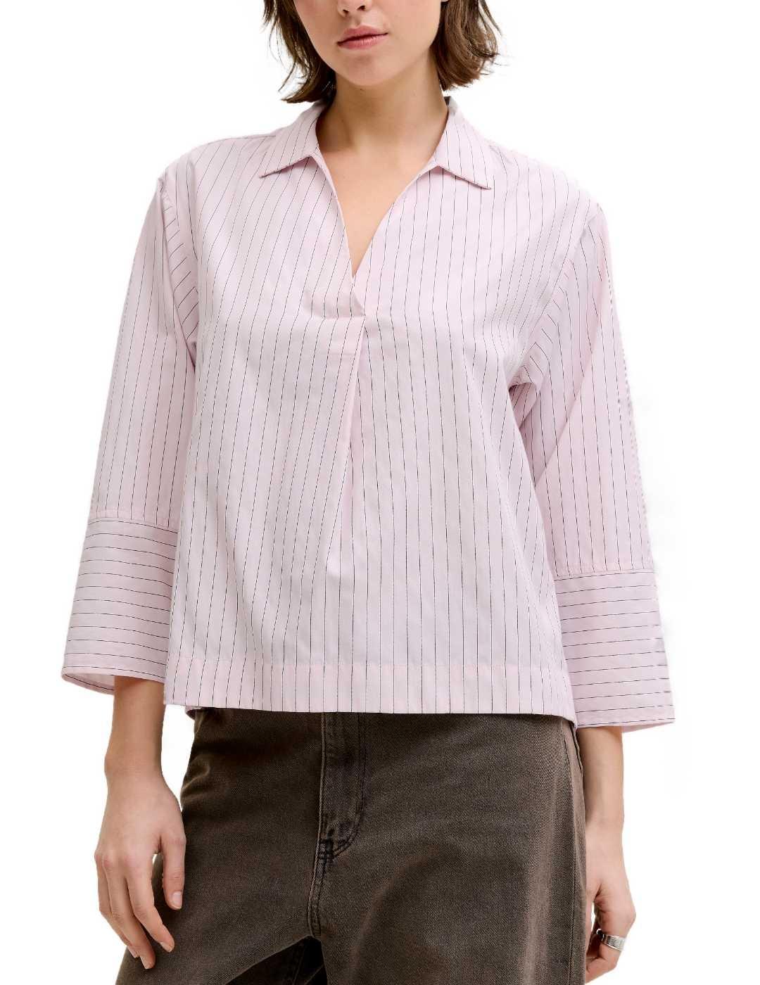 Camisa JJXX Caro Poplin rosa rayas manga 3/4 de mujer
