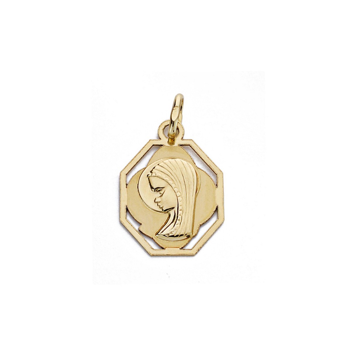 Medalla oro 9k Virgen Niña 17mm. forma octogonal bordes calados