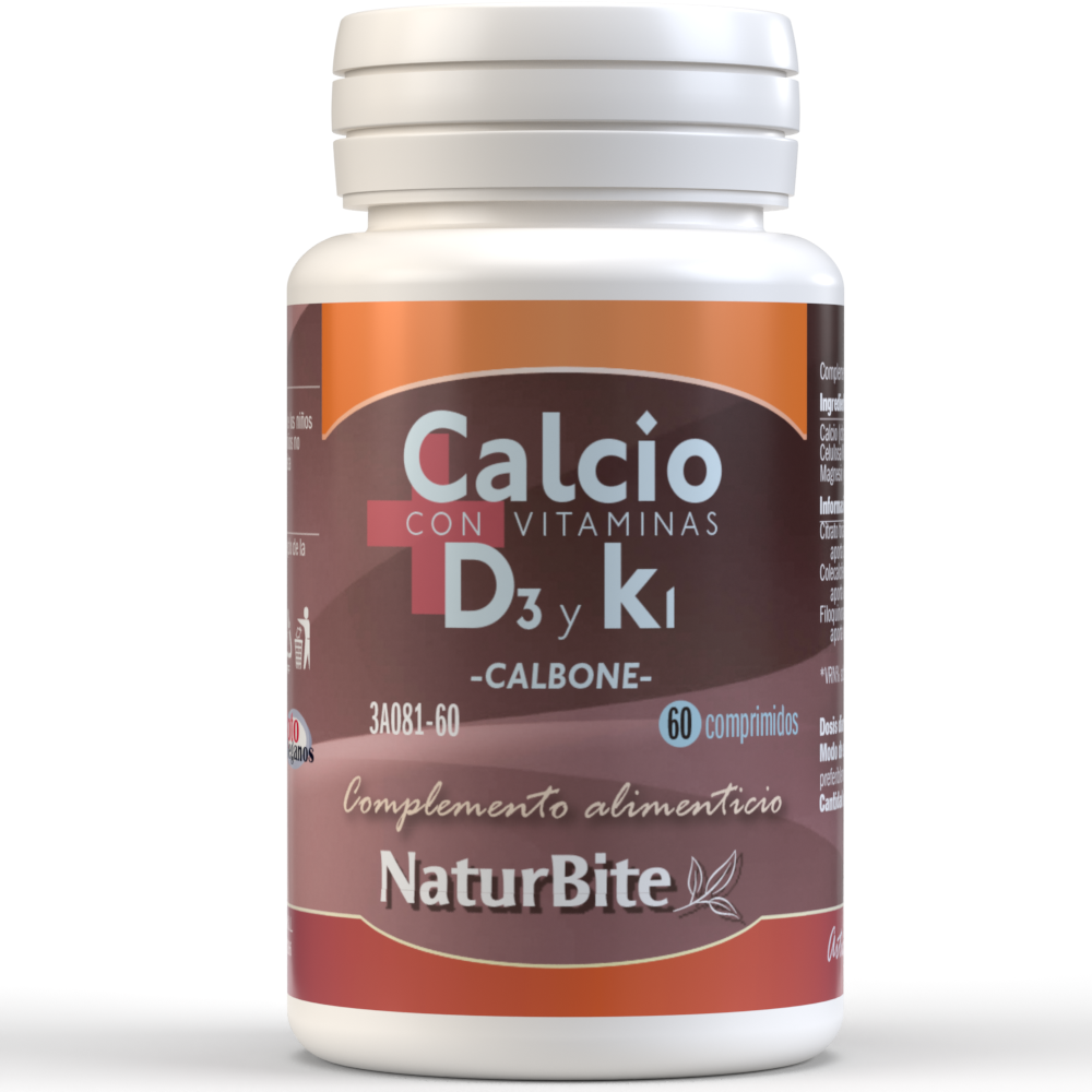 Naturbite - Calbone - Calcio con vitaminas D3 y K1, 60 Comp. NaturBite. Para la mejora de la salud ósea y dental así como prevención del riesgo de fracturas y enfermedades crónicas por falta de calcio.