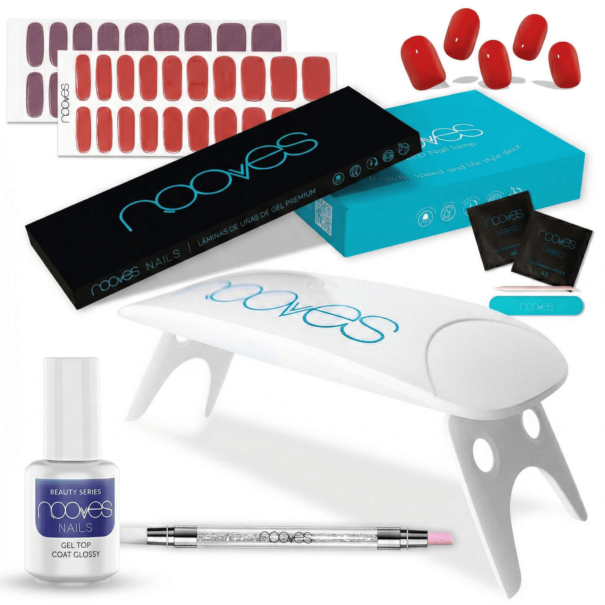 Starter Kit Beauty Red|2 Láminas de Uñas de Gel Precurado Premium|Lámpara de uñas UV/LEDGel|Top Coat Glossy|Tiras De Uñas De Gel semicurado|Pegatinas Uñas Semipermanente en Gel|Gel Nail stickers