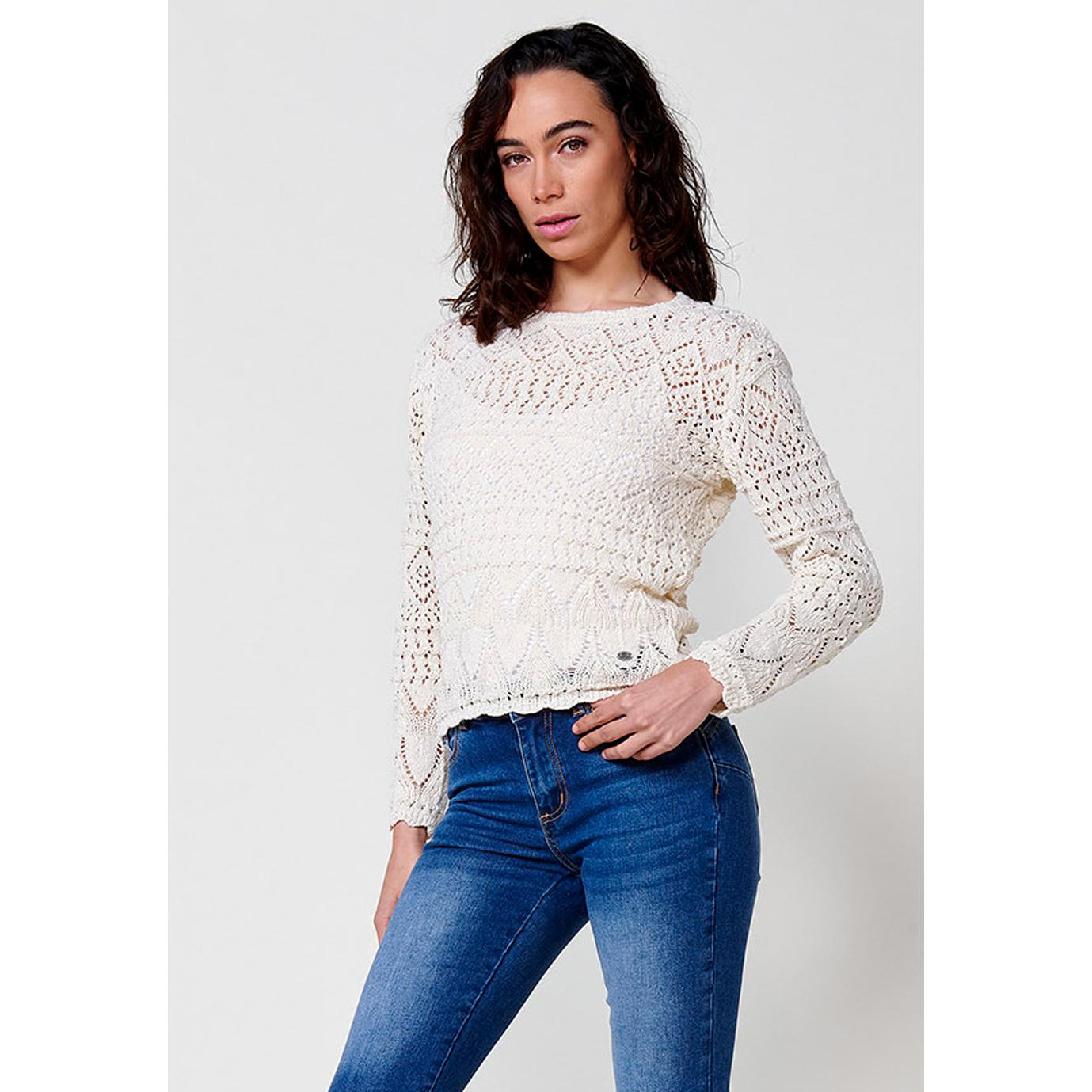 Koroshi - Jersey de mujer de tricot manga larga con cuello barca en crudo, 100% poliéster, suave y elegante para looks casuales o formales