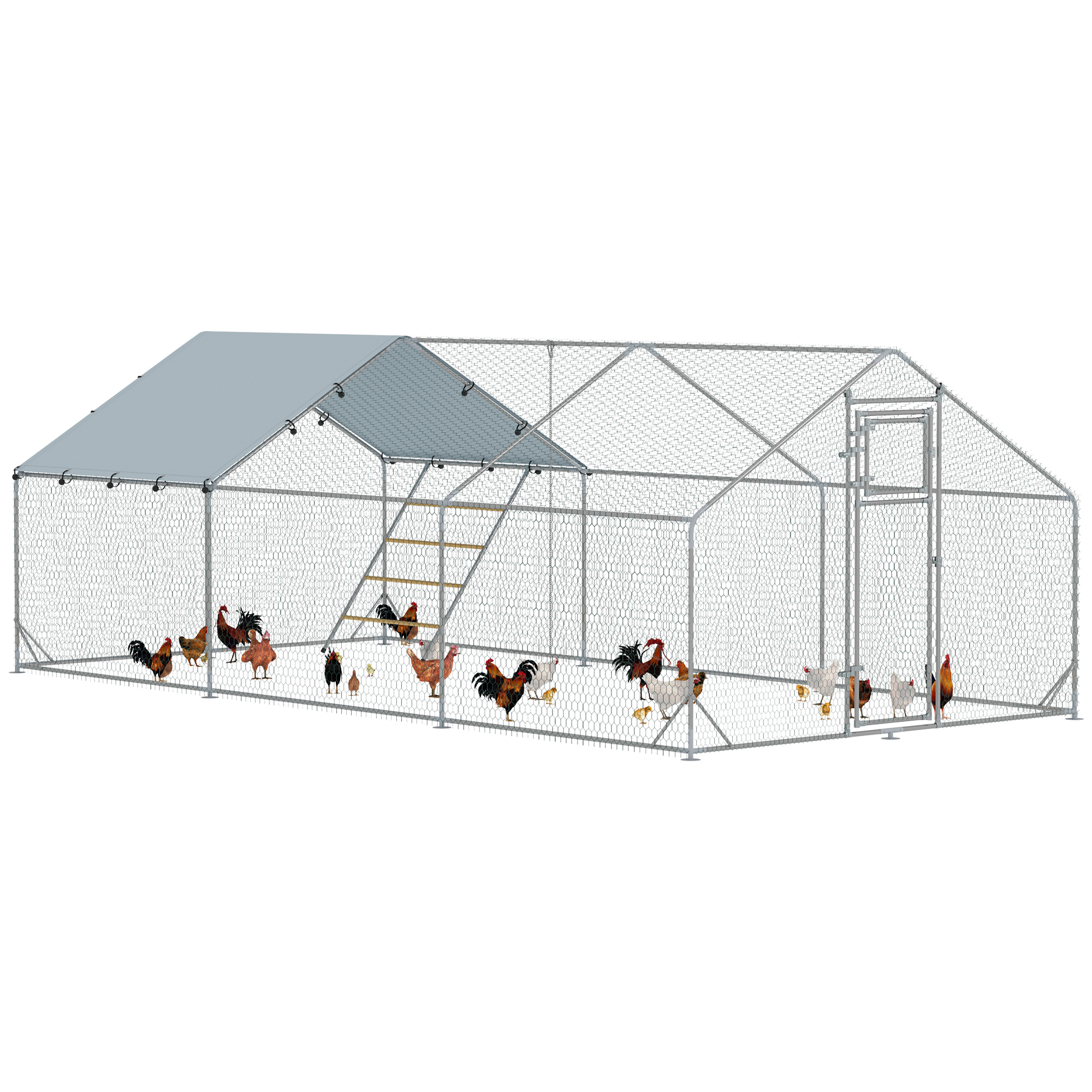 PawHut Gallinero para Exterior Gallinero de Acero Galvanizado con Comedero Colgante Tipo Brocheta Percha Cubierta Anti-UV e Impermeable para Conejos Patos Gansos Plata