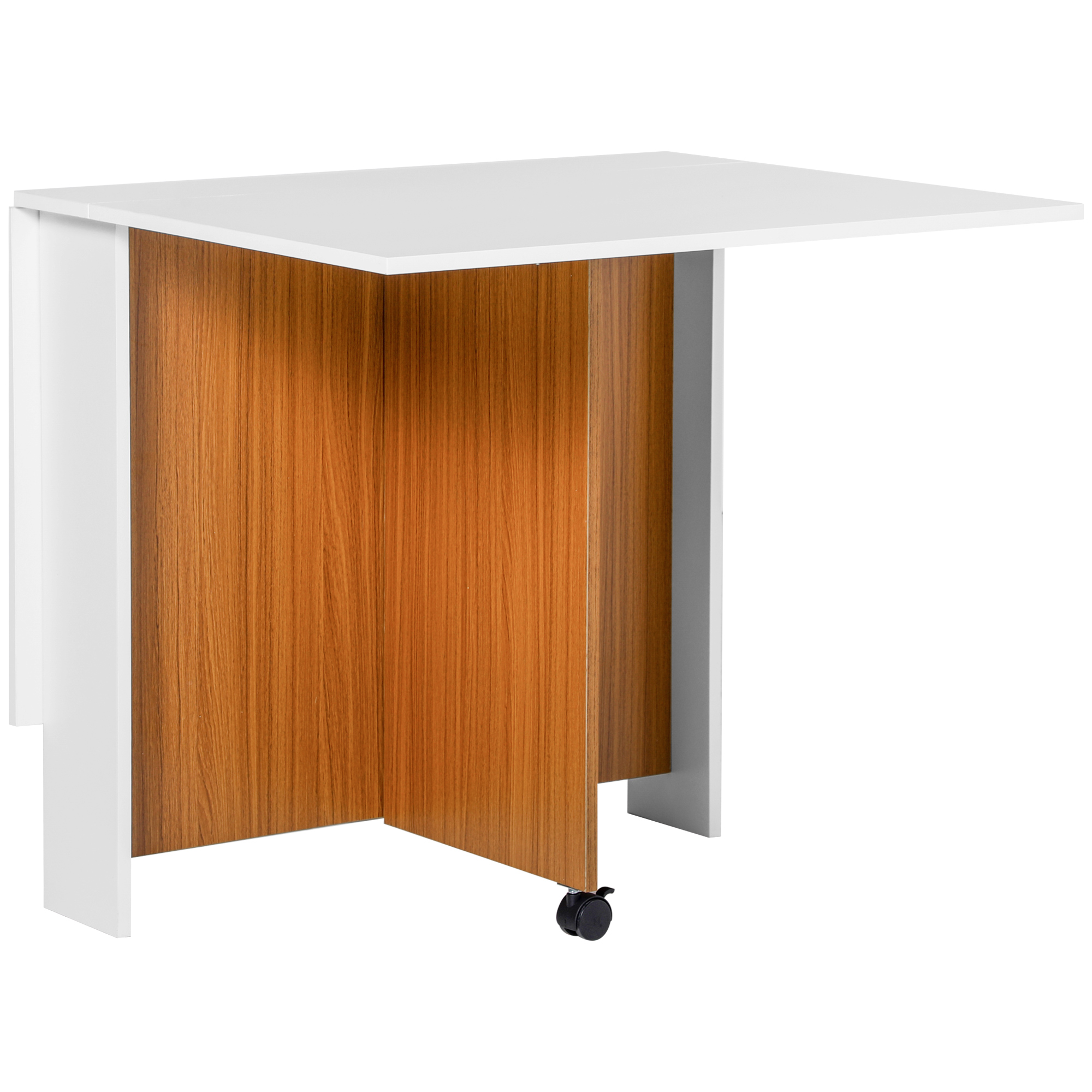 HOMCOM Mesa Plegable de Comedor, Mesa de Cocina Plegable, con Ruedas, Alas Abatibles, Hasta 6 Personas, para Salón, Espacio Pequeño, 120x80x73 cm, Blanco y Teca