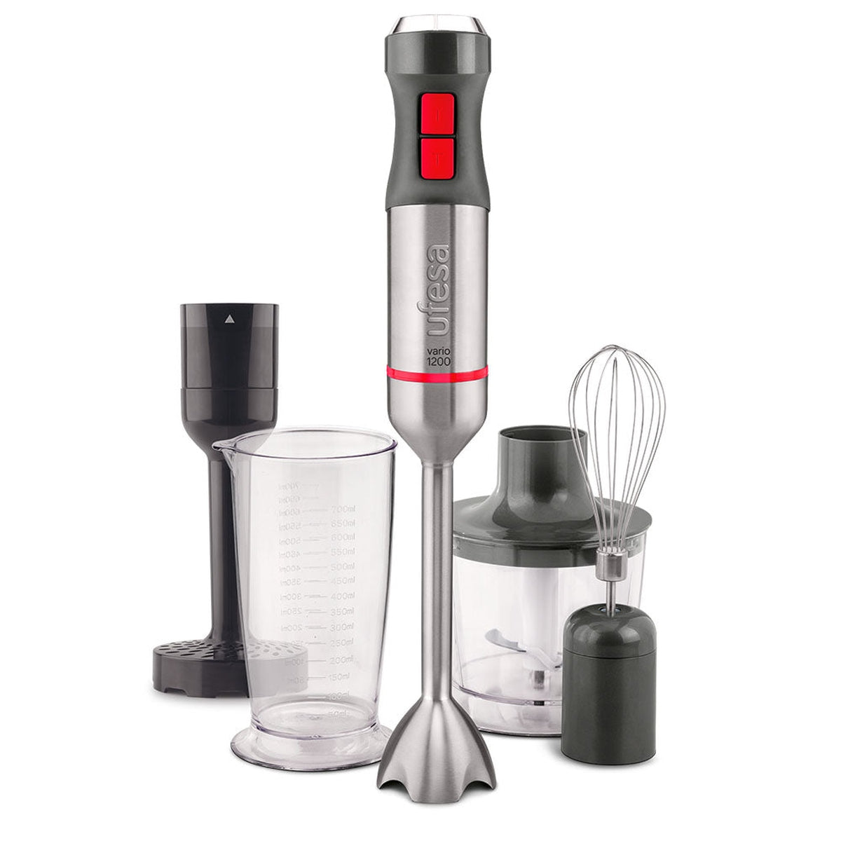 Ufesa - Batidora de mano BP4654 Vario 1200W Max con 4 cuchillas de alta eficiencia, 20 velocidades y accesorios incluidos (emulsionador, picador, vaso medidor, pasapuré) para resultados excelentes sin esfuerzo