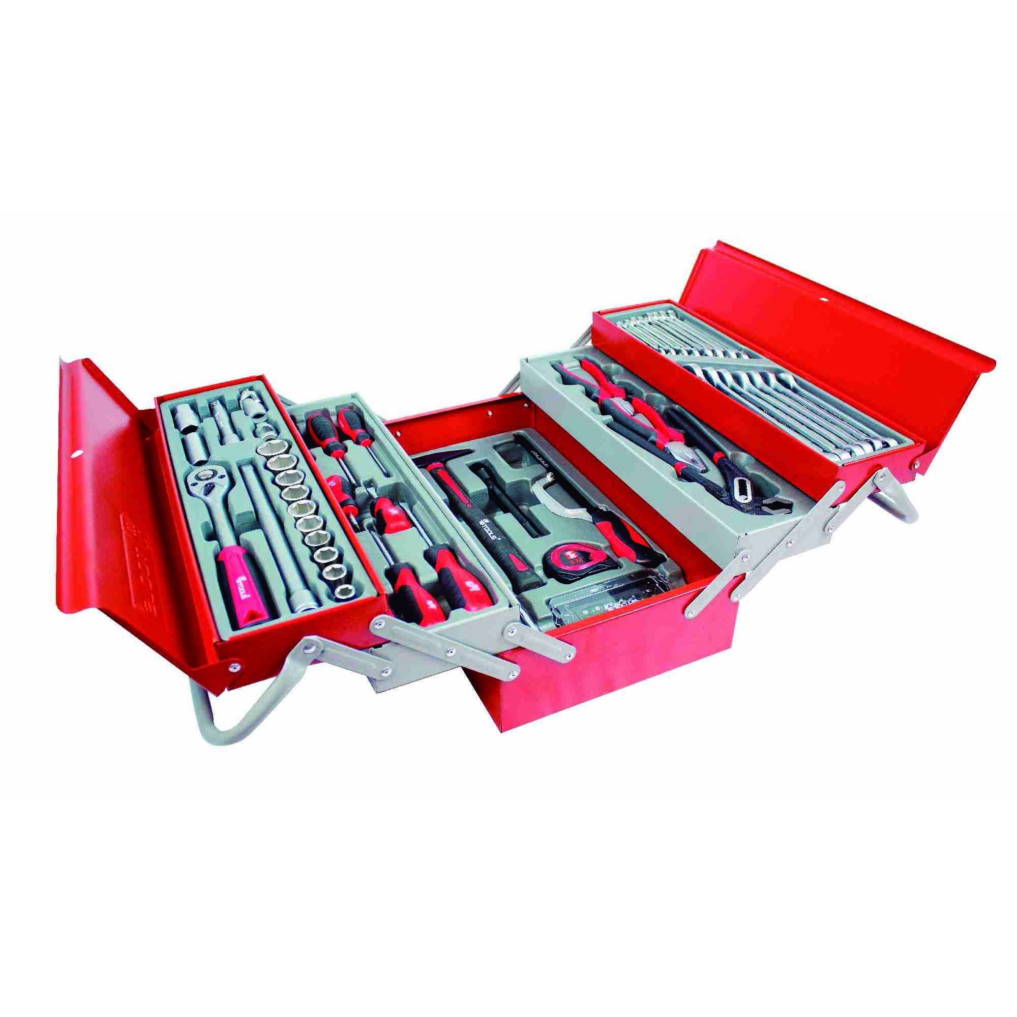CAJA DE HERRAMIENTAS BTK99A METALWORKS B.TOOL. kit de servicio que consta de 99 piezas esenciales para satisfacer una amplia variedad de necesidades en el taller. Este conjunto viene organizado en 5 departamentos.