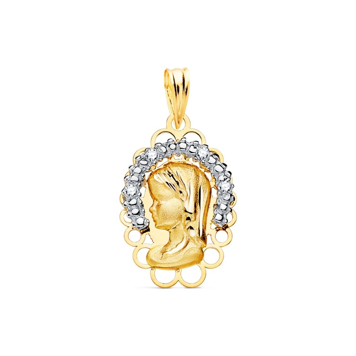 Medalla oro bicolor 18k Virgen Niña 21mm. silueta corona circonitas fondo círculos calados