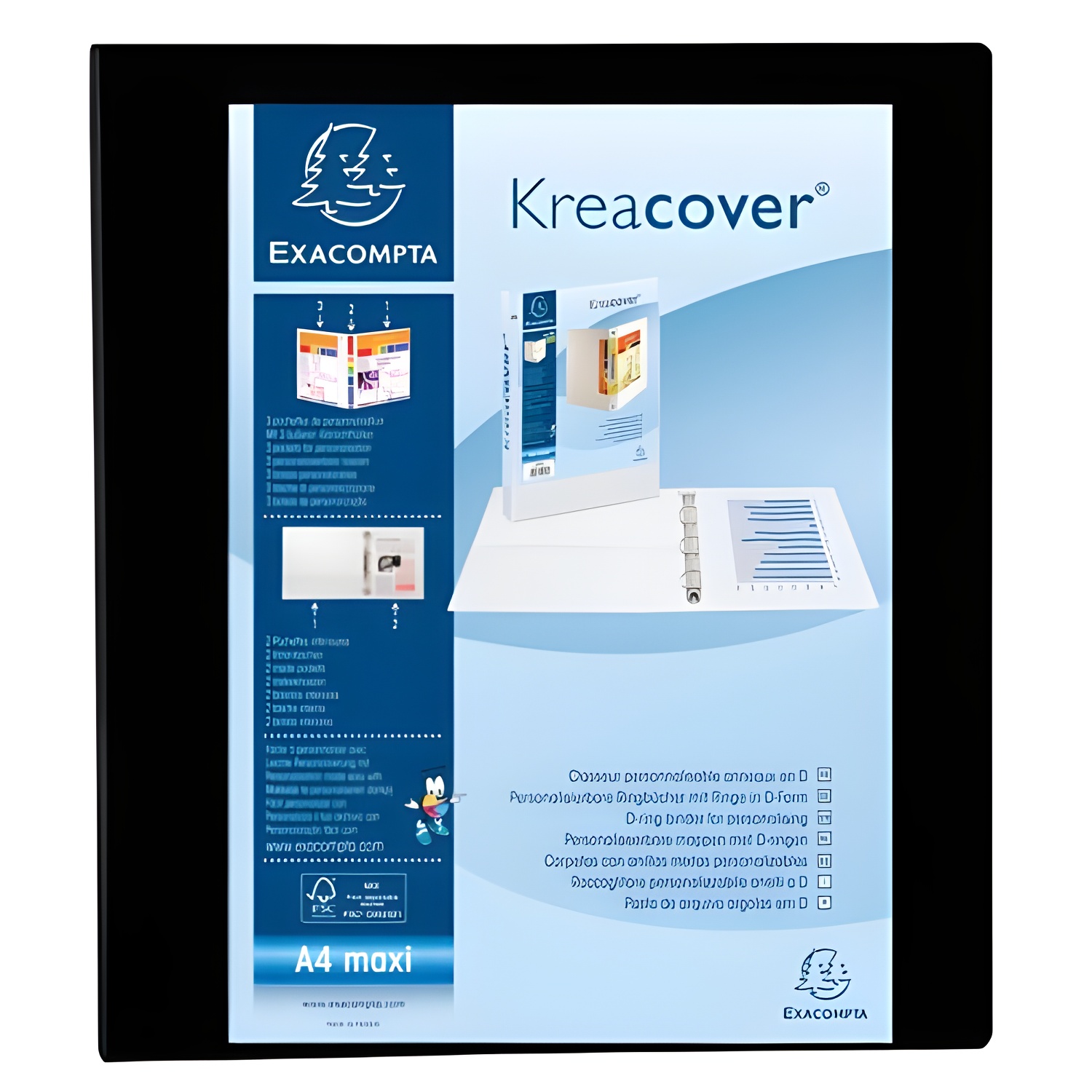 Exacompta carpeta 4 anillas mixtas 40mm kreacover forrada pp a4+ personalizable 3 bolsos exteriores negro