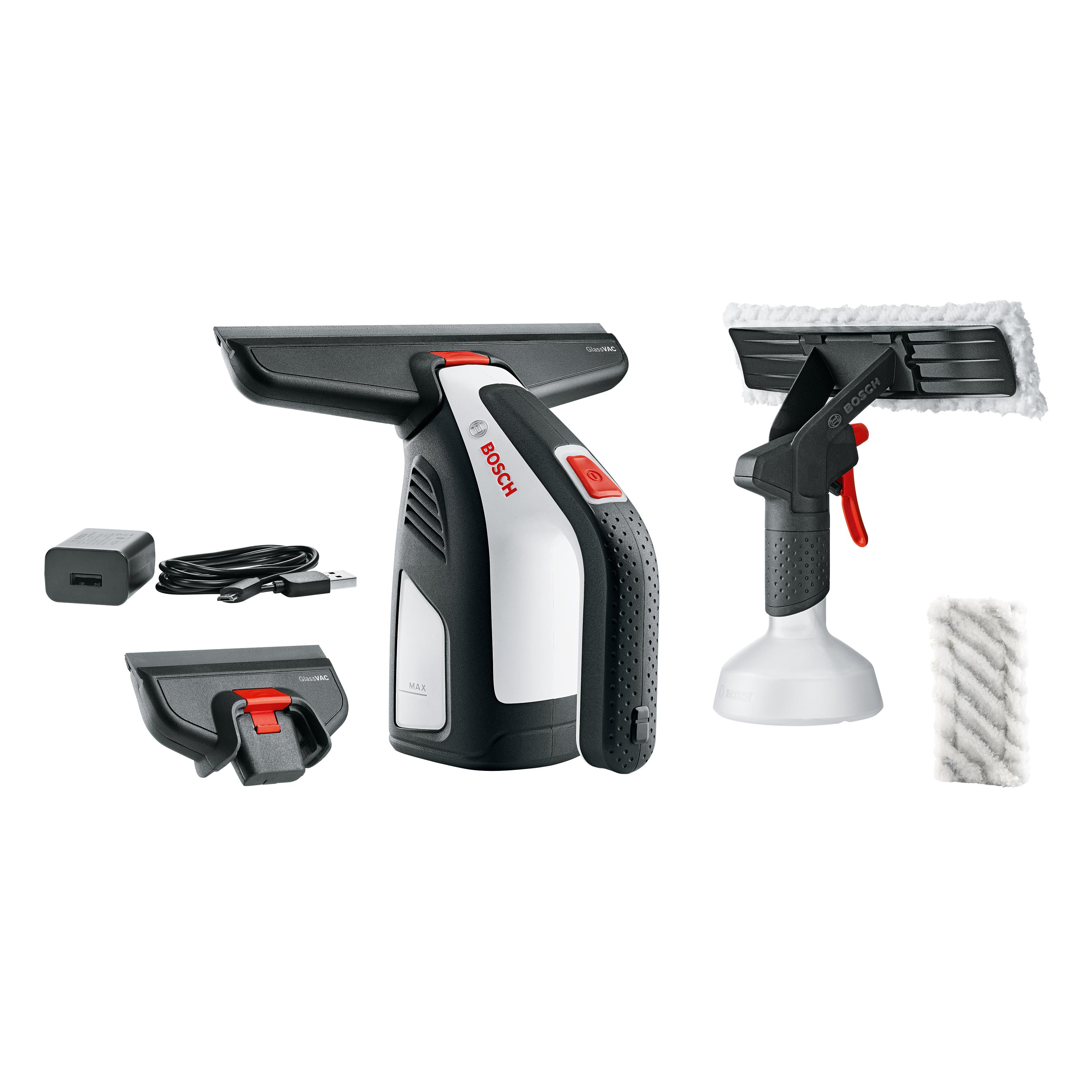 Bosch - Limpiacristales a Batería - GlassVAC Set - Botella de spray 100 ml. con gamuza, cabezal estrecho 133 mm, cabezal ancho 266 mm y correa para muñeca. Cargador micro USB.