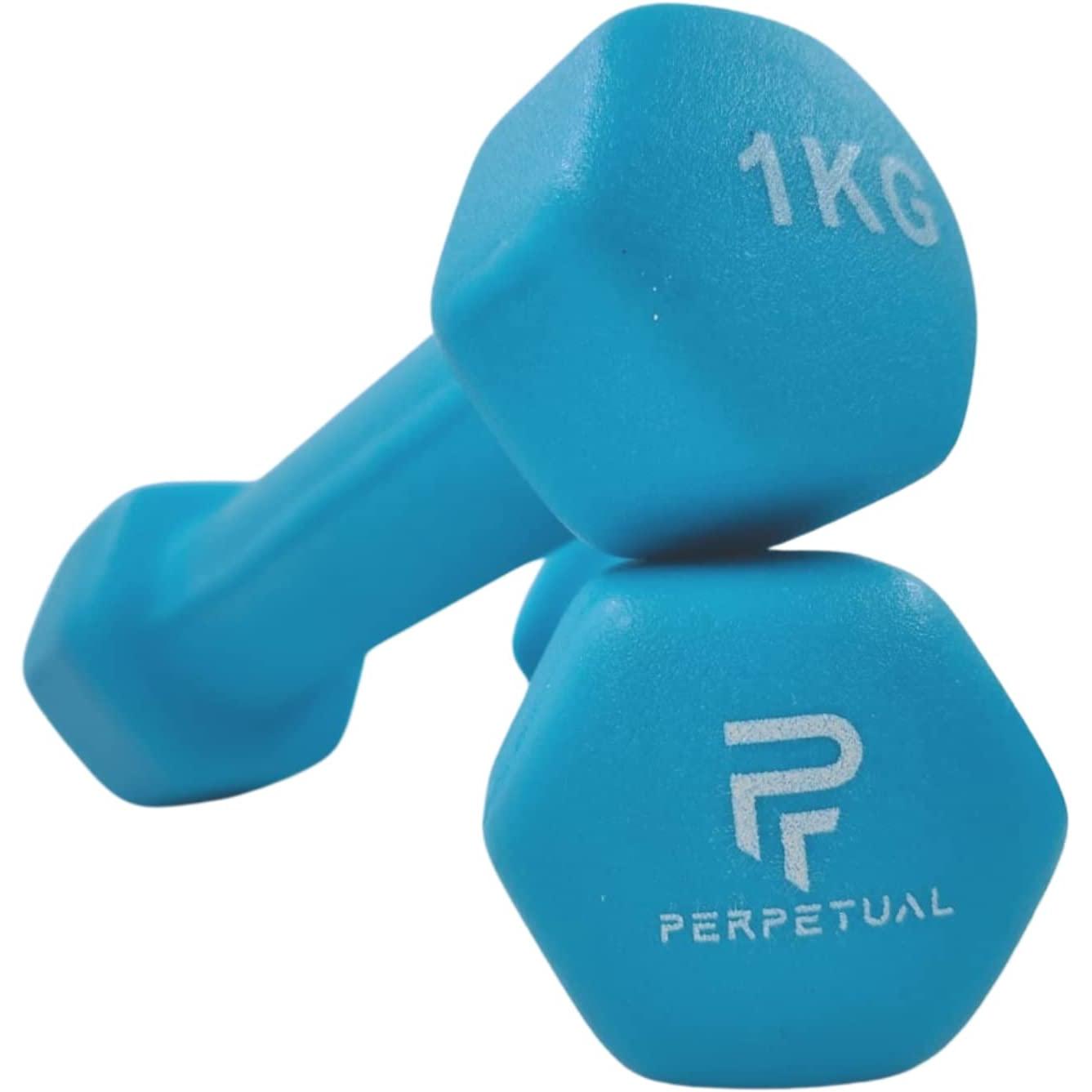 PERPETUAL Mancuernas Disponibles en 0.5KG/1KG/1.5KG/2KG/3KG (2 unidades) y Sets 6/12KG Pesas Ligeras Pequeñas Hexagonales Neopreno Pilates Hombre Mujer Ejercicio Gimnasio Casa Fitness Dumbbell