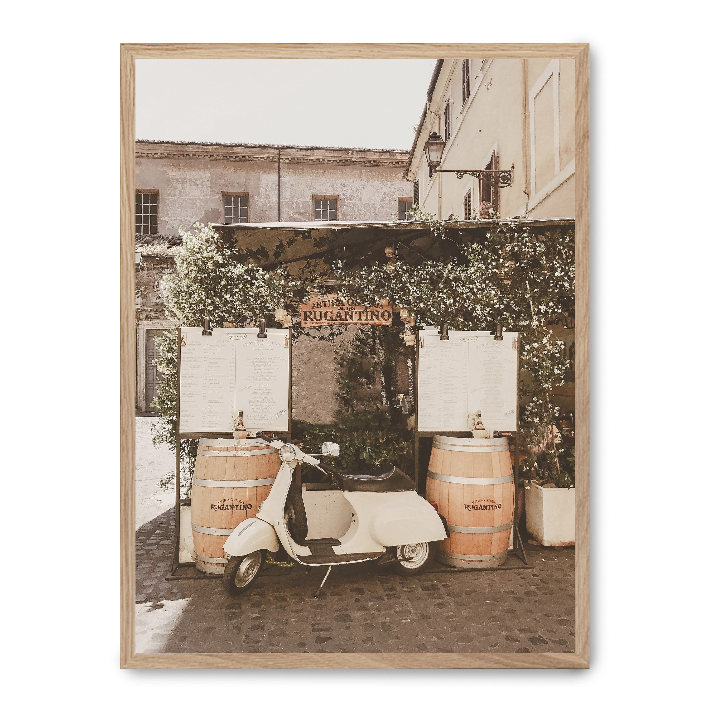 Cuadro a vespa in italy 30x40cm, Póster impreso en papel de primera calidad de 180gr, montado sobre marco de madera MDF acabado roble., Arquitectura