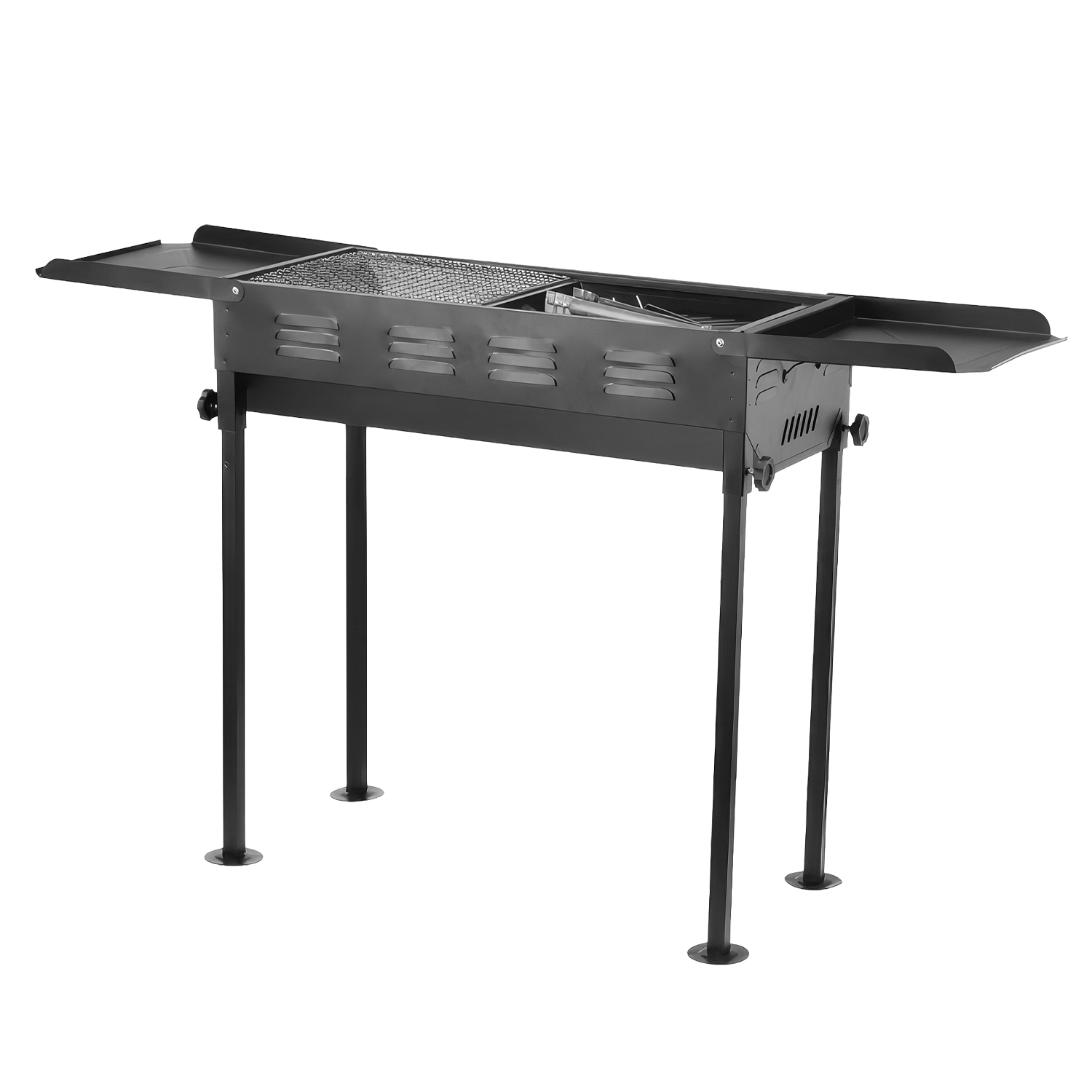 Barbacoa portátil de carbón QT-KL-055 con amplia superficie de cocción, patas desmontables, asas laterales y acabado resistente.