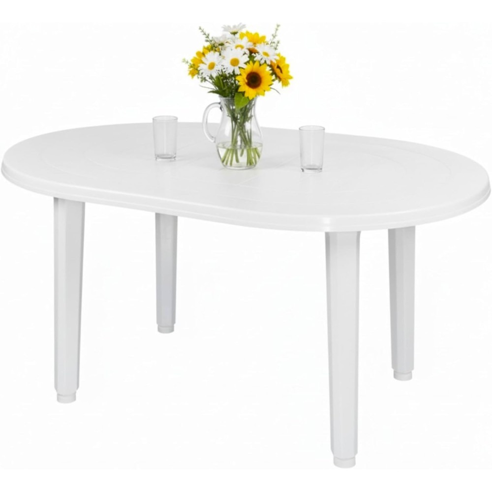 Mesa de Jardin Oval 130x90cm de resina Auxiliar Exterior desmotable portatil, Camping, terraza, Acampada, Playa. (Blanco) coshano