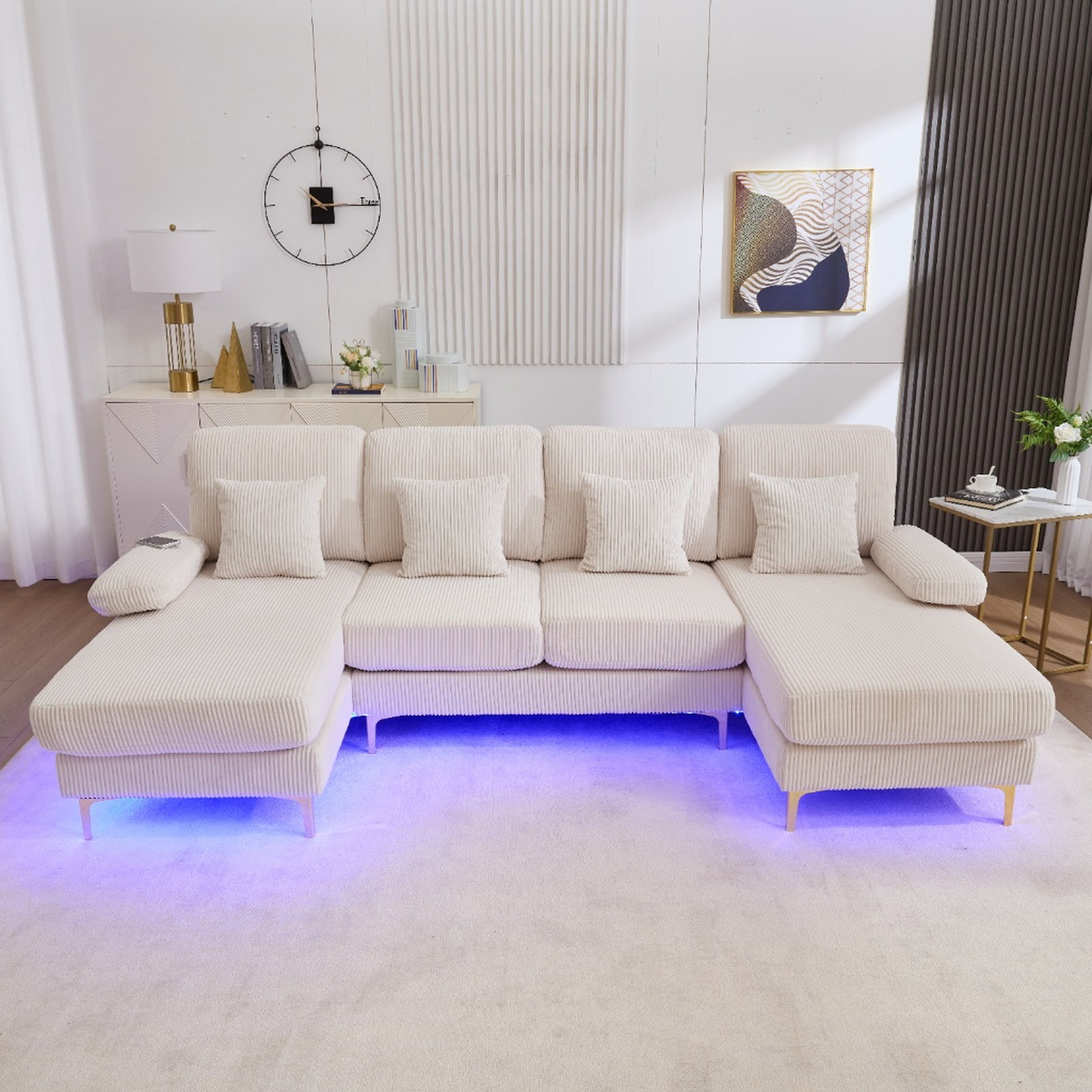 Canapé panoramique en U 4 places beige en velours côtelé avec éclairage LED, port USB-C et quatre coussins