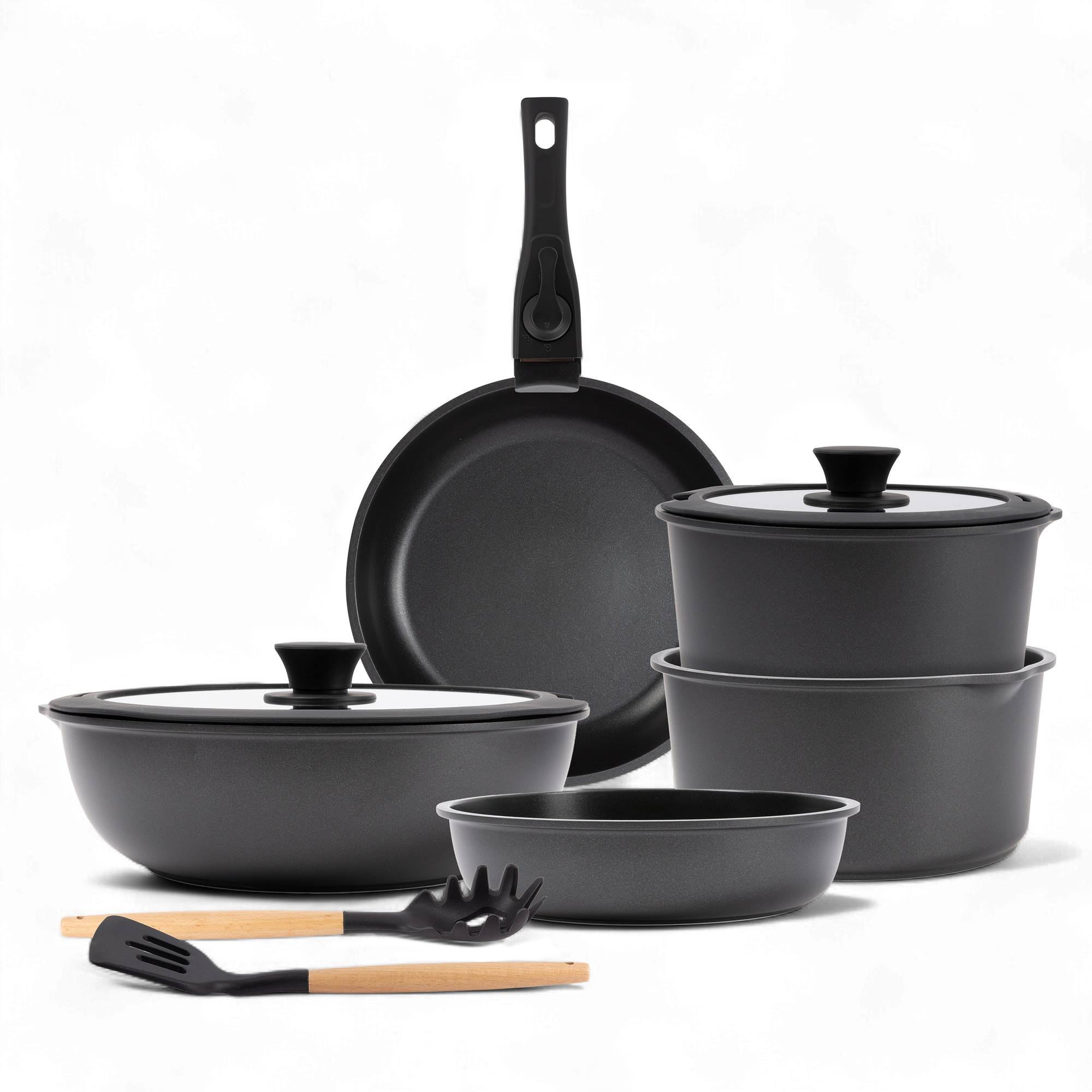 Bergner Click&Cook Batería de cocina 10 Pzs Negro/Mango extraíble, 3 Sartenes, 2 Cazos, Tapas y Utensilios/Aluminio fundido