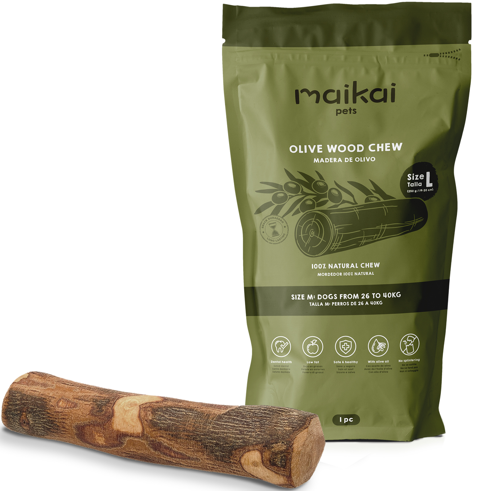 MAIKAI PETS - Palo Madera de Olivo - Mordedor Natural para Perros - Alternativa a Huesos - Alivia la Ansiedad - Elimina Sarro.
