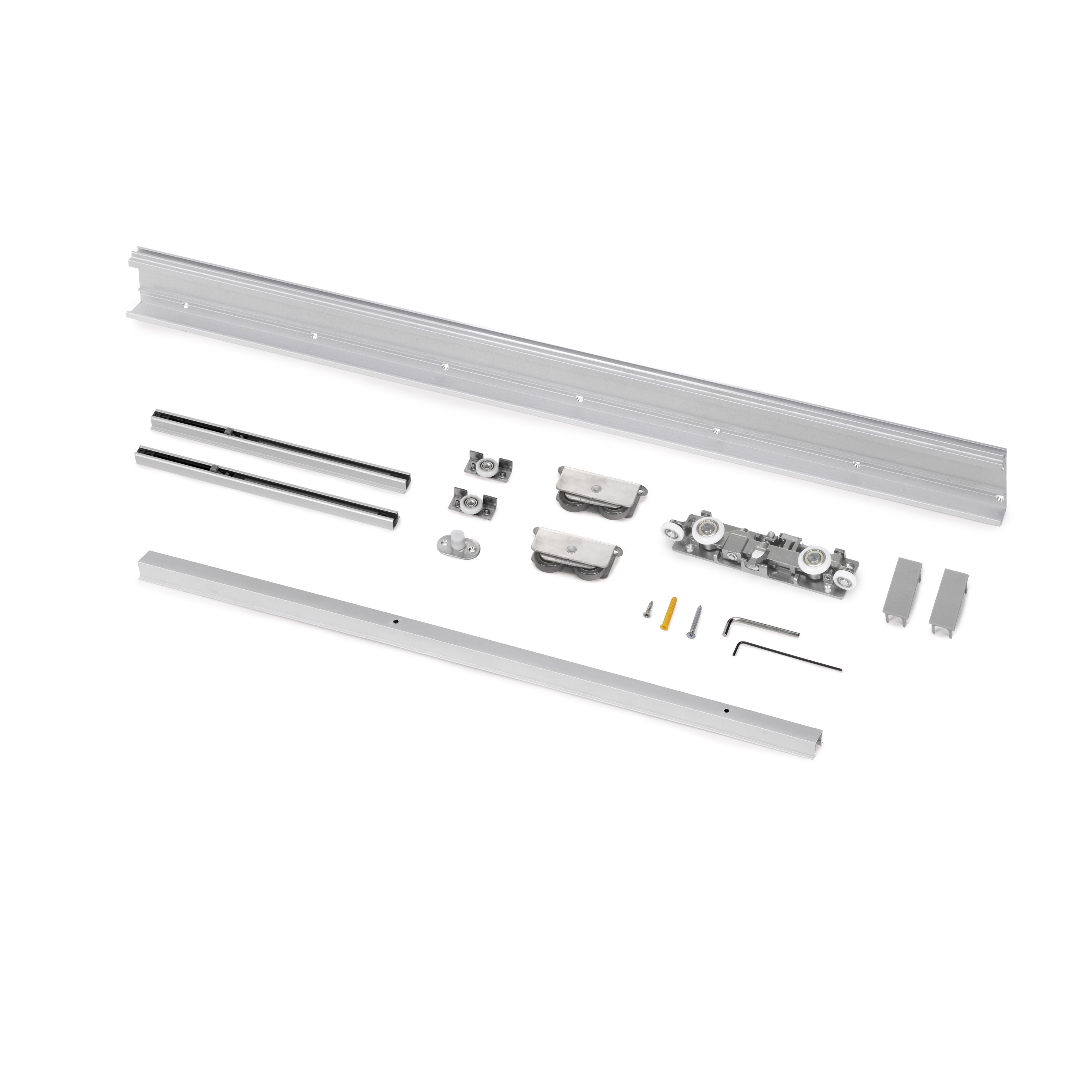 Kit de herrajes para una puerta corredera colgada de madera wall con cierre suave, acero y aluminio y plástico