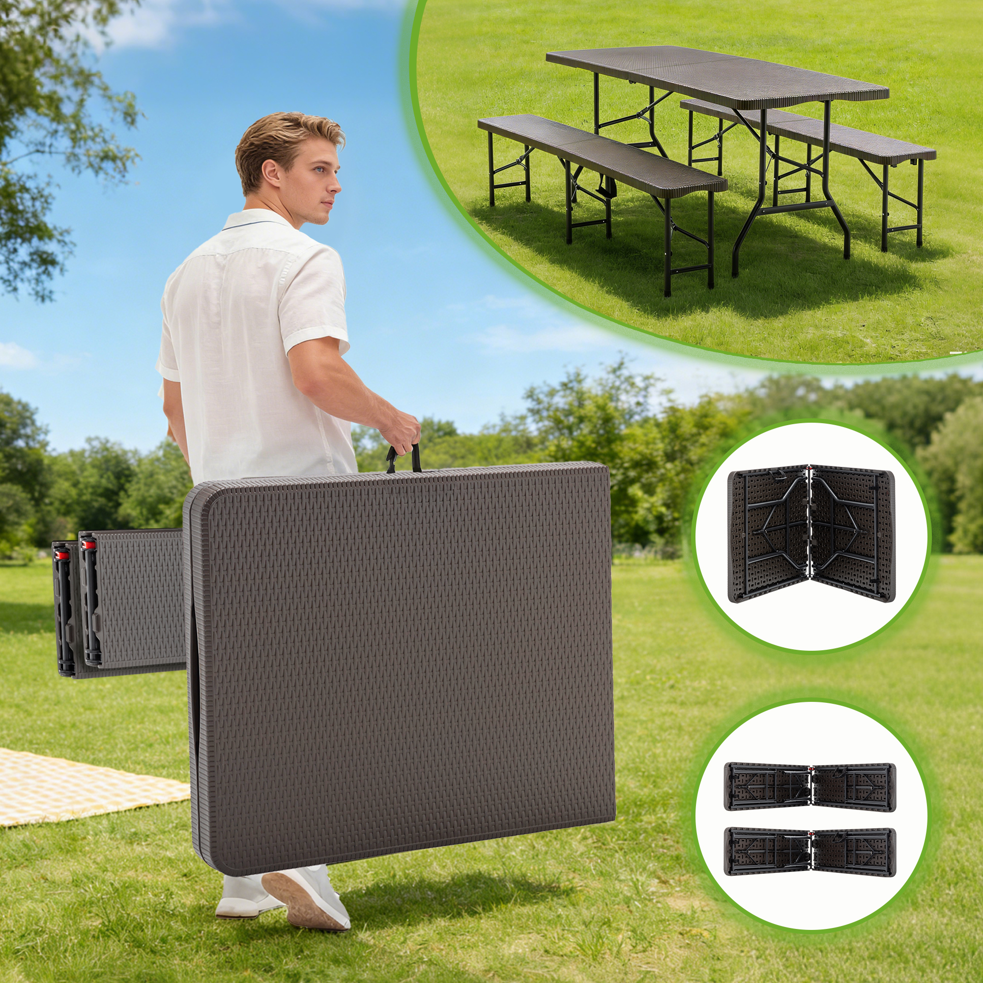 Set de pique-nique pliable avec table et 2 bancs marron