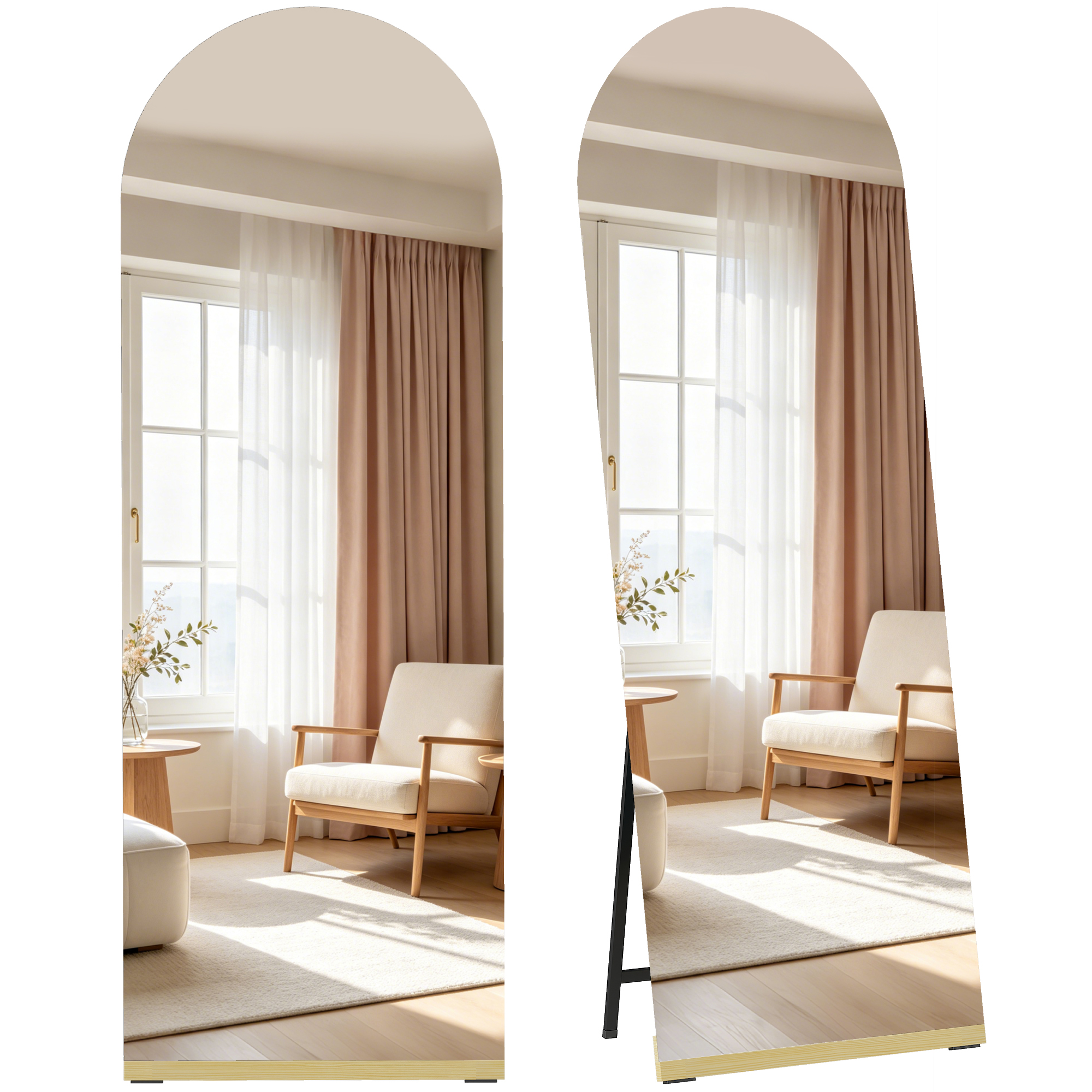 HOMCOM Espejo de Cuerpo Entero Curvado 160x50 cm, Espejo de Pie, sin Marco, Base de Madera, para Salón, Dormitorio, Pasillo, Entrada