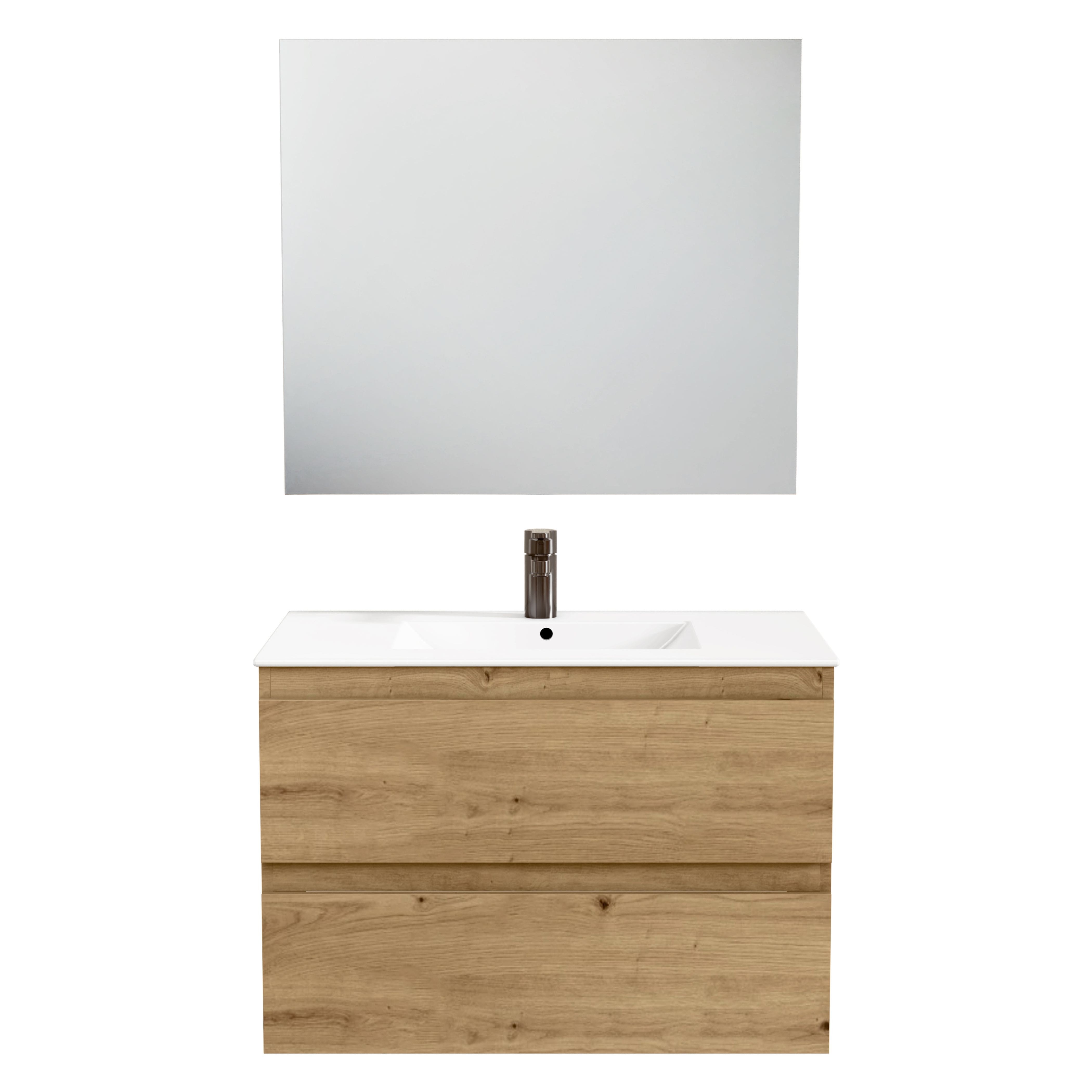 BELLOBATH - Mueble Baño Suspendido con Lavabo de Cerámica con Espejo y 2 Cajones