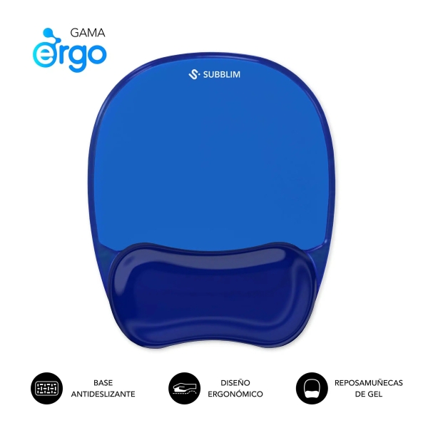Subblim ergo crystal flex alfombrilla ergonomica para raton - gel refrigerante autoajustable - diseño ondulado ergonomico - base antideslizante - color azul