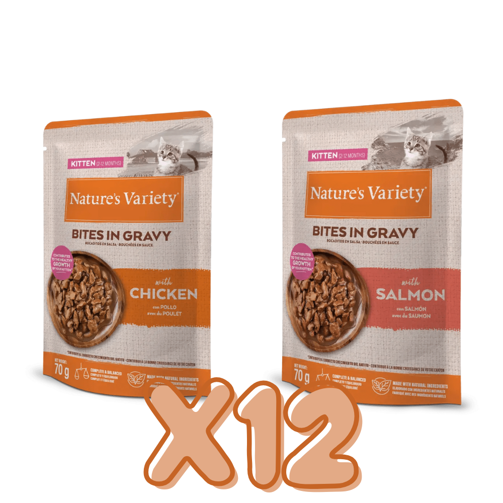 Nature's Variety NATURES VARIETY KITTEN BOCADITOS EN SALSA MULTIPACK PARA GATITOS CACHORROS DE POLLO Y SALMON