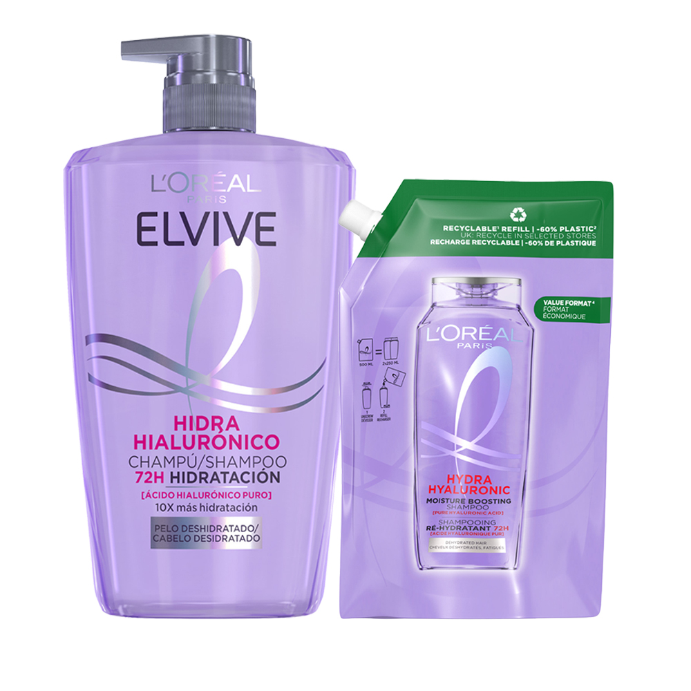 LOréal Paris | Rutina Elvive Hidra Hialurónico Champú 1L+ Refil Eco Pack, hasta 72h de Hidratación