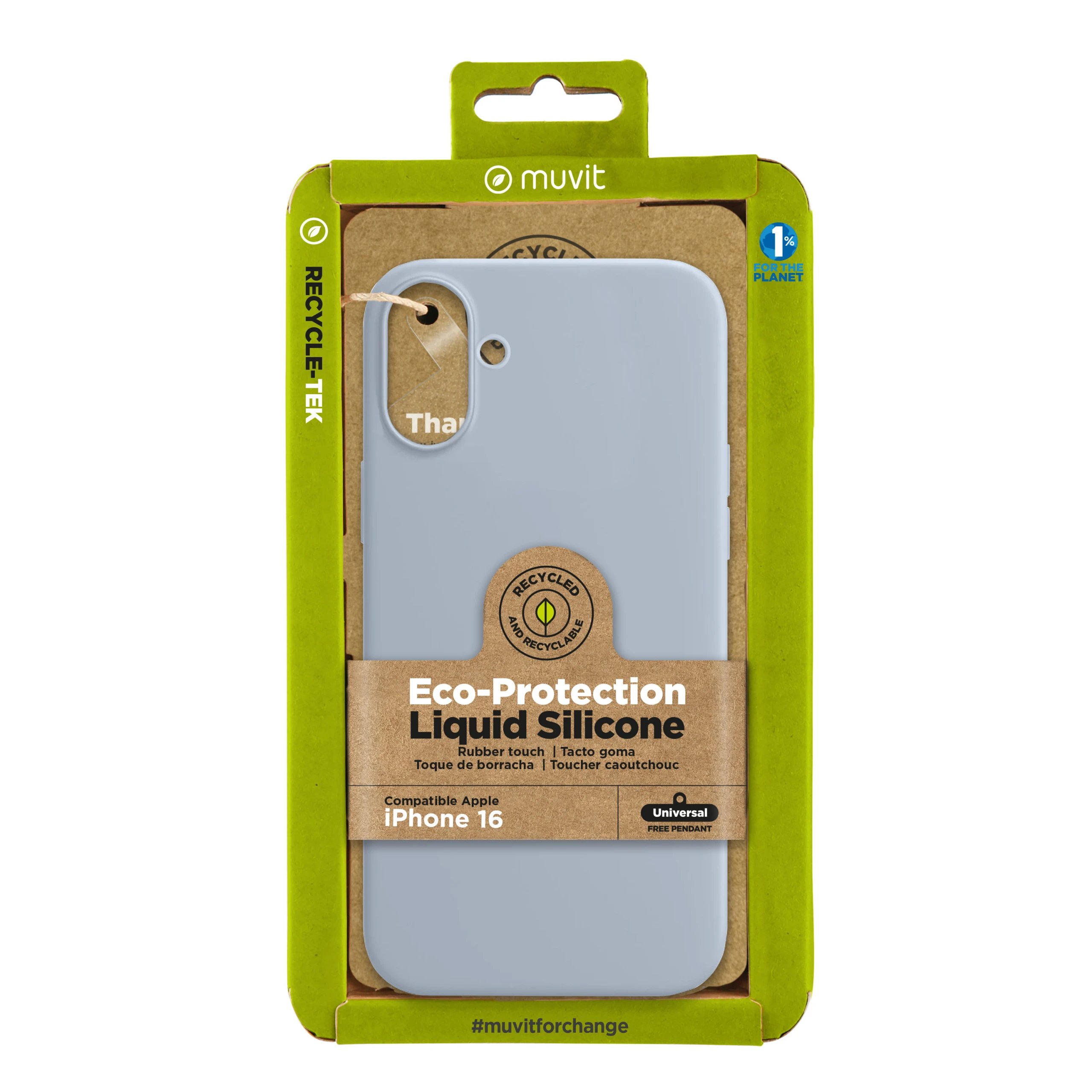 Muvit - Funda para iPhone 16 de silicona líquida Recycletek color azul cielo, compatible con carga inalámbrica y protección contra golpes y arañazos