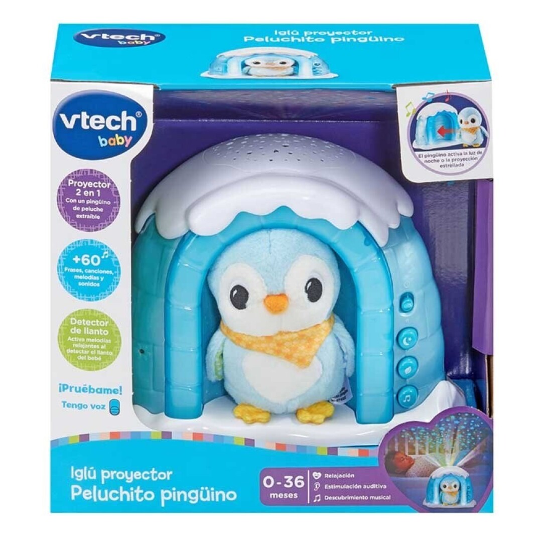 VTech-Baby Iglú Proyector Peluchito Pingüino, Juguete bebés recién Nacidos, Proyector Musical con Luces y Cielo Estrellado, Peluche Interactivo, Nanas y Sonidos Naturaleza, Versión ESP (574922)