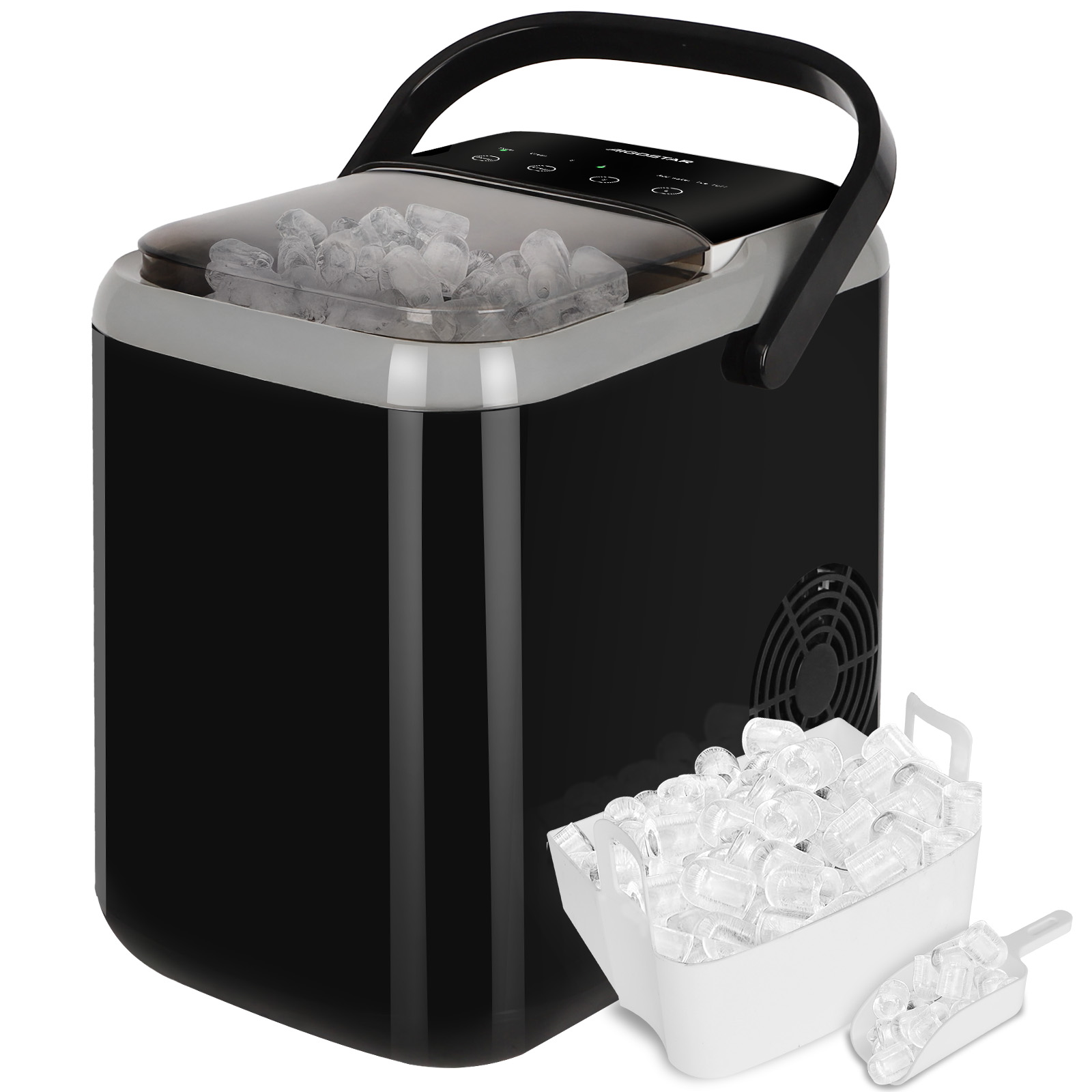 AIGOSTAR Maquina de Hielo, Maquina de Hacer Hielo Autolimpiable, 14Kg/24H, 2 Tamaños de Hielo, 9 Cubitos Listos en 6 Minutos, con Asa, Pala para Hielo y Cesta, Ideal Para Inicio/Cocina/Oficina/Bar, Negro