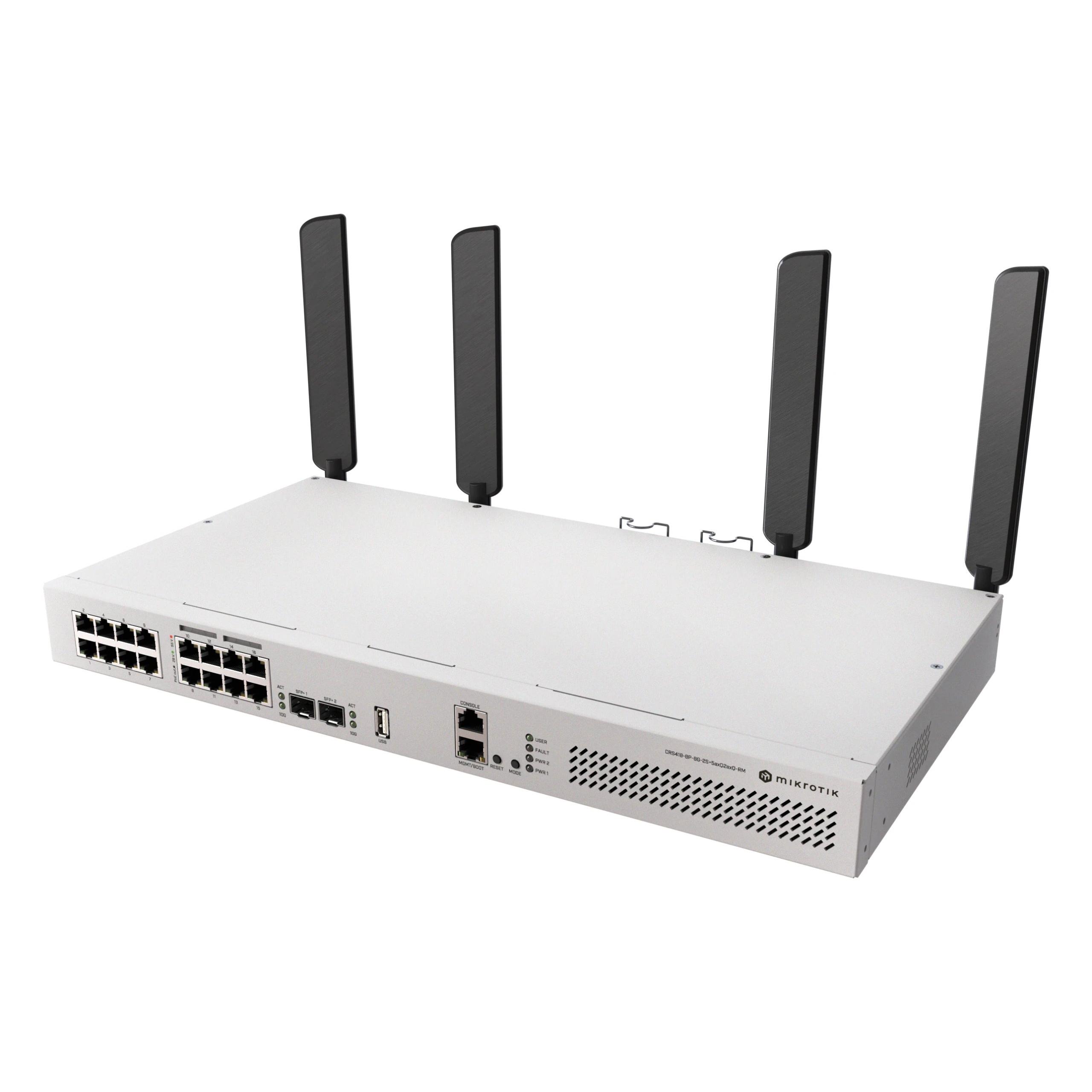 Mikrotik - Switch CRS418-8P-8G-2S+5axQ2axQ-RM rackmount 1U con 8 puertos Gigabit PoE, 2 puertos SFP+ 10 Gbps y funciones L2/L3 para redes empresariales, vigilancia y telecomunicaciones
