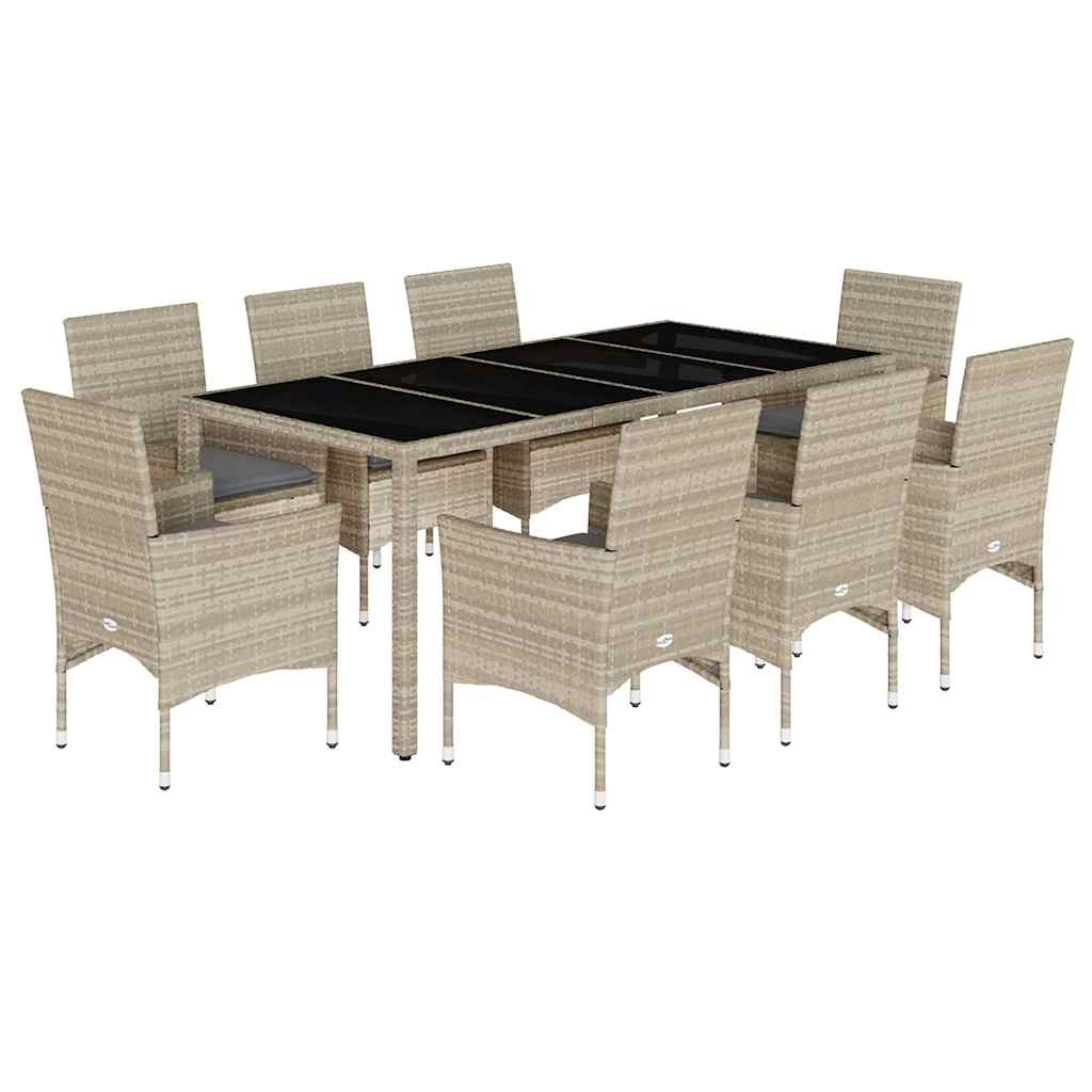 vidaXL Set de comedor jardín 9 piezas y cojines ratán PE y vidrio gris
