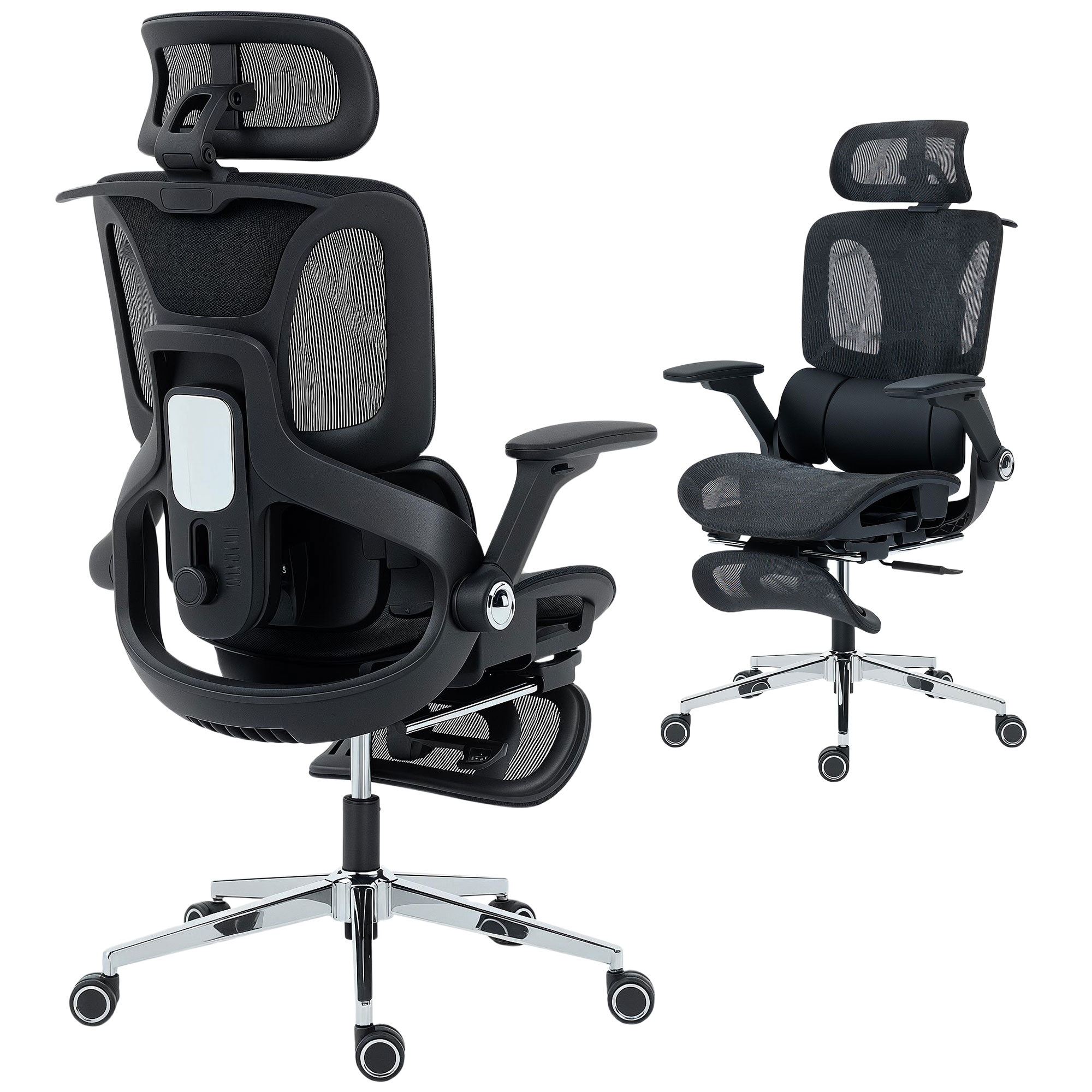 HOMCOM Silla de Escritorio Ergonómica con Reposapiés, Silla de Oficina Giratoria, con Respaldo Reclinable y Alto, Soporte Lumbar y Reposacabezas Ajustable, Malla Transpirable, Reposabrazos 4D, Ruedas