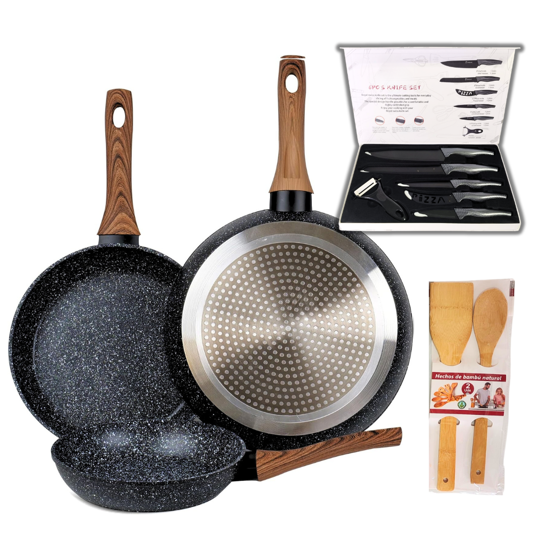 Set de 3 Sartenes de Aluminio Forjado 20/24/28 cm con Revestimiento Antiadherente de Mármol 3 Capas, Mango Ergonómico de Silicona, Aptas para Cocina de Inducción, Gas y Vitrocerámica