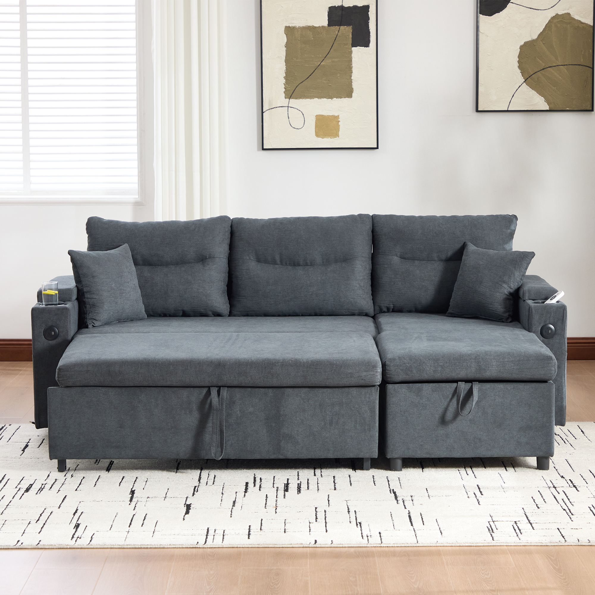 Canapé convertible 3 places gris foncé en tissu aspect lin avec méridienne coffre, couchage extractible et ports USB-C