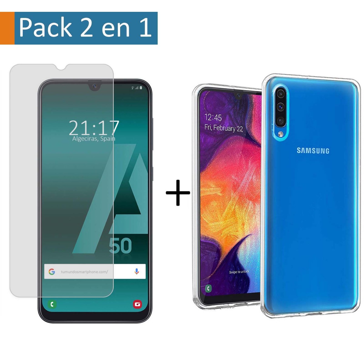 Tumundosmartphone Pack 2 En 1 Funda Gel Transparente + Protector Cristal Templado para Samsung Galaxy A50 / A50s / A30s