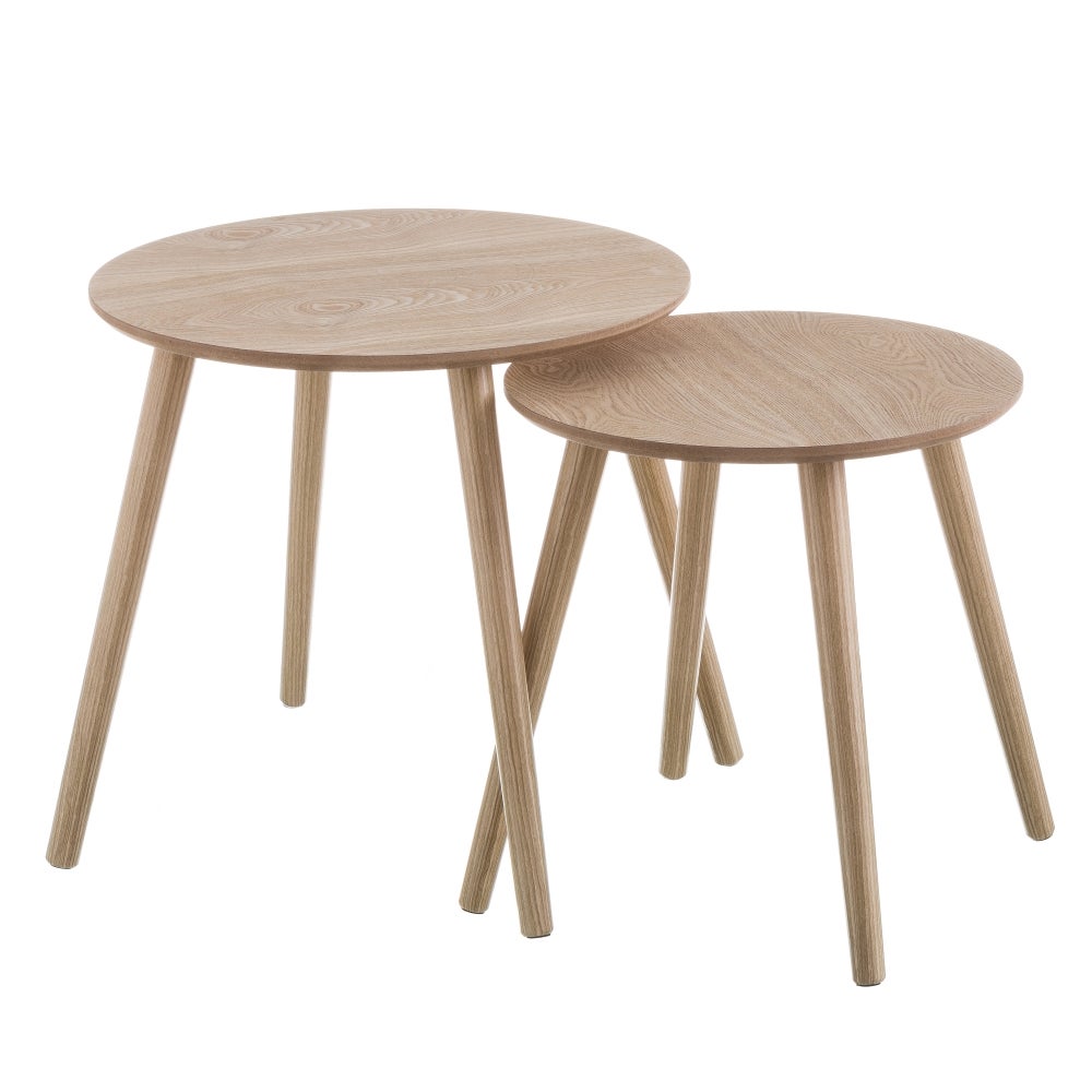 Set de 2 mesitas nido redondas fabricadas en madera natural y MDF, salón Diseño nórdico muy moderno ideal como mesa de centro o auxiliar. Aporta versatilidad, ahorro de espacio y estilo funcional. CasaSelección