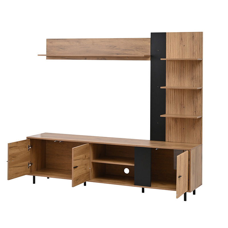 Ensemble meuble TV effet bois et noir 187,5 cm avec trois placards, étagères ouvertes et rangements multimédias