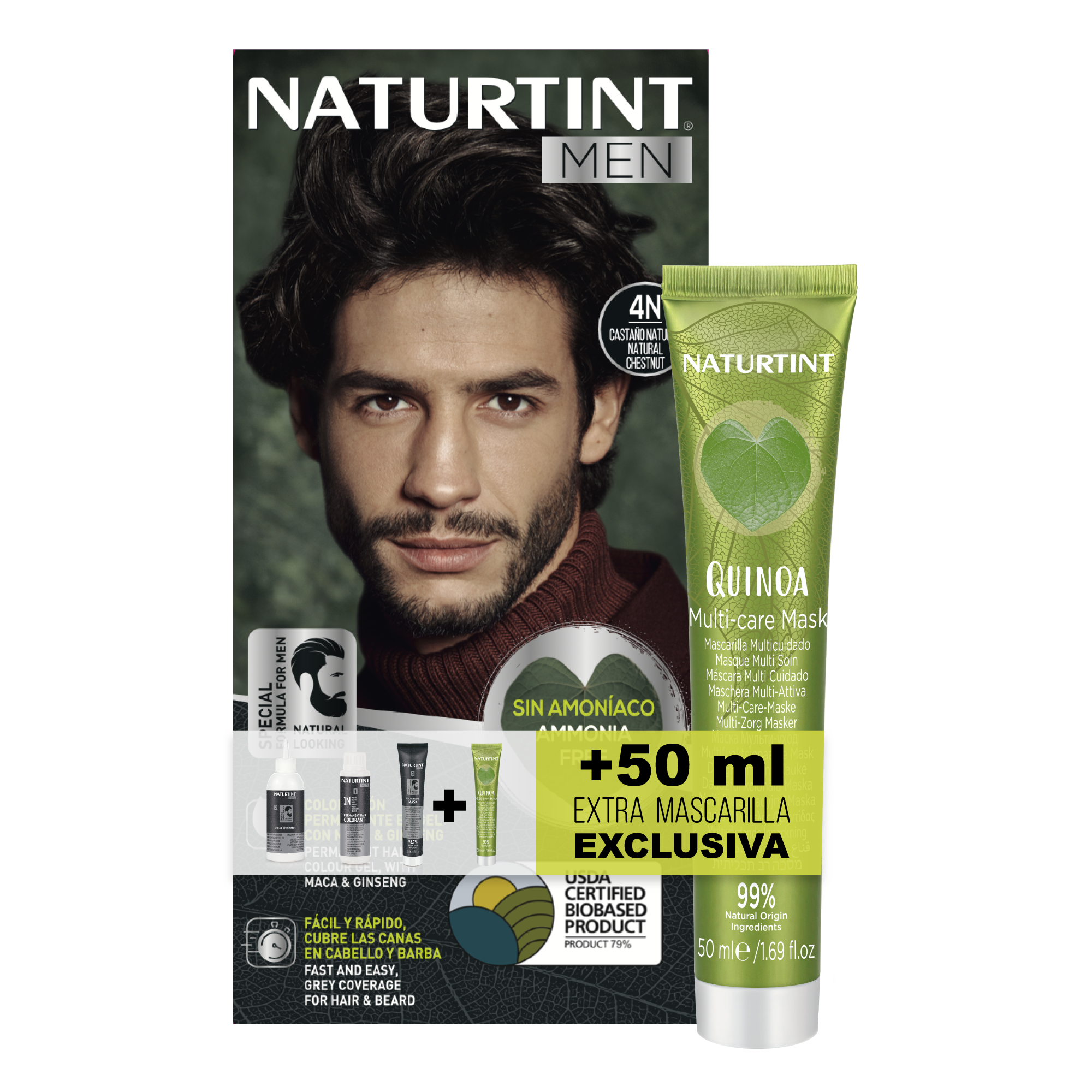 Naturtint Men Biobased + Extra Mascarilla 50ml |  Coloración Permanente Sin Amoniaco para Hombre | Tinte para Cabello y Barba | 100% Cobertura de Canas | Color Natural y Duradero | Ingredientes Naturales | 1N Negro