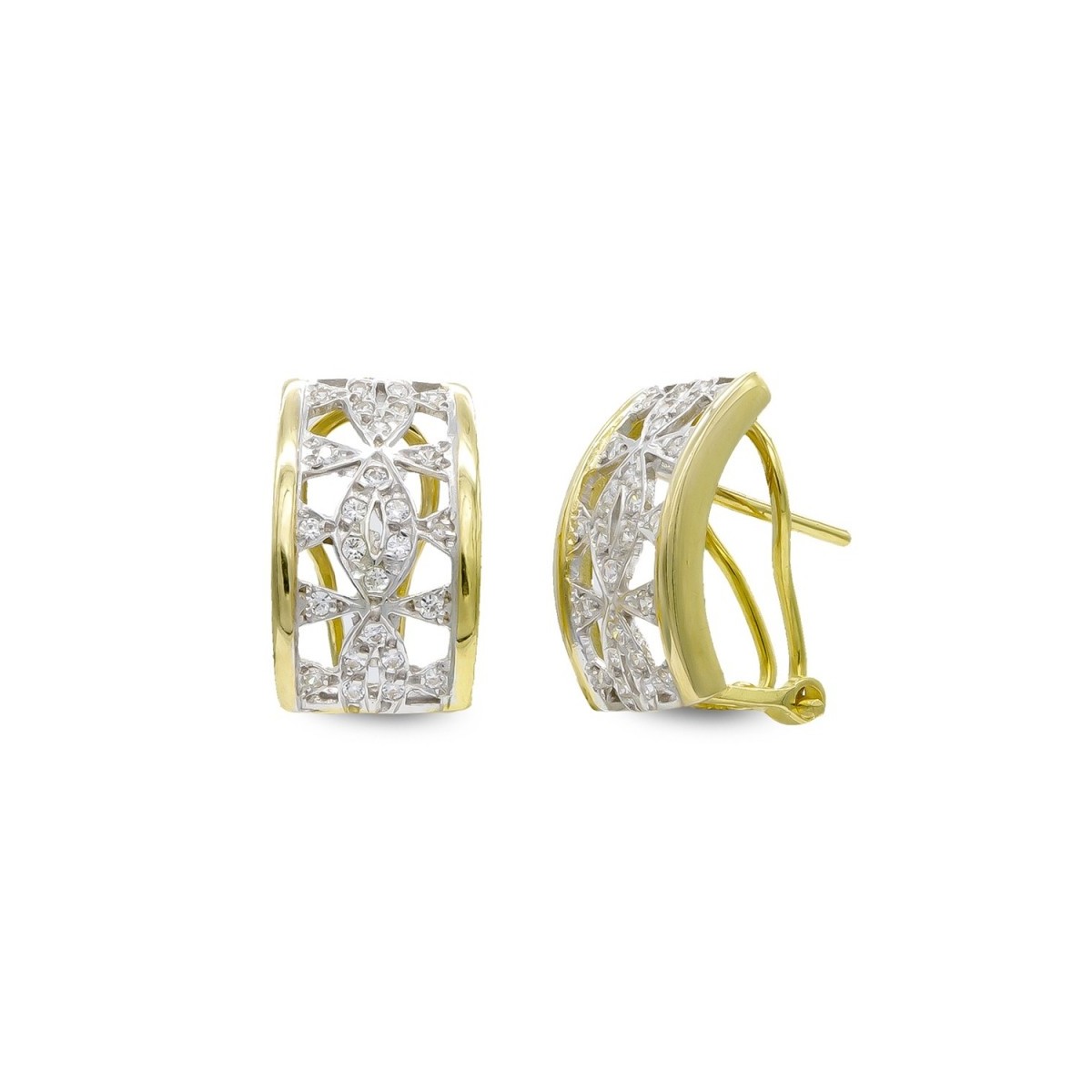 Pendientes oro bicolor 18k mujer calados combinados circonitas omega