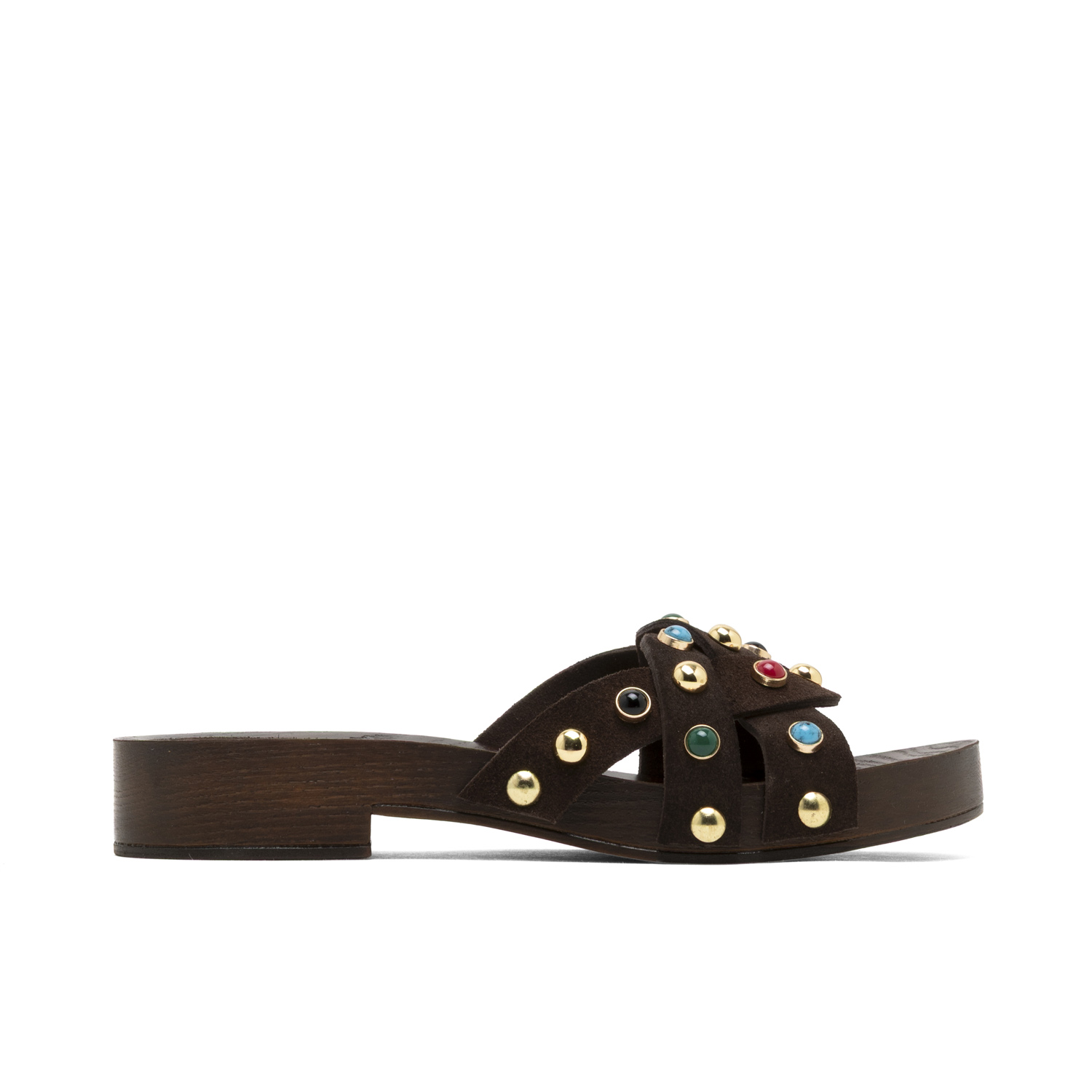 Elegante Sandalia de Tacón Bajo Gracia Moka en Piel con Pedrería Multicolor - Hecha en España, Empeine de Serraje, Taloneta y Suela Antideslizante para Máxima Estabilidad, Tacón de 3 cm y Plataforma d