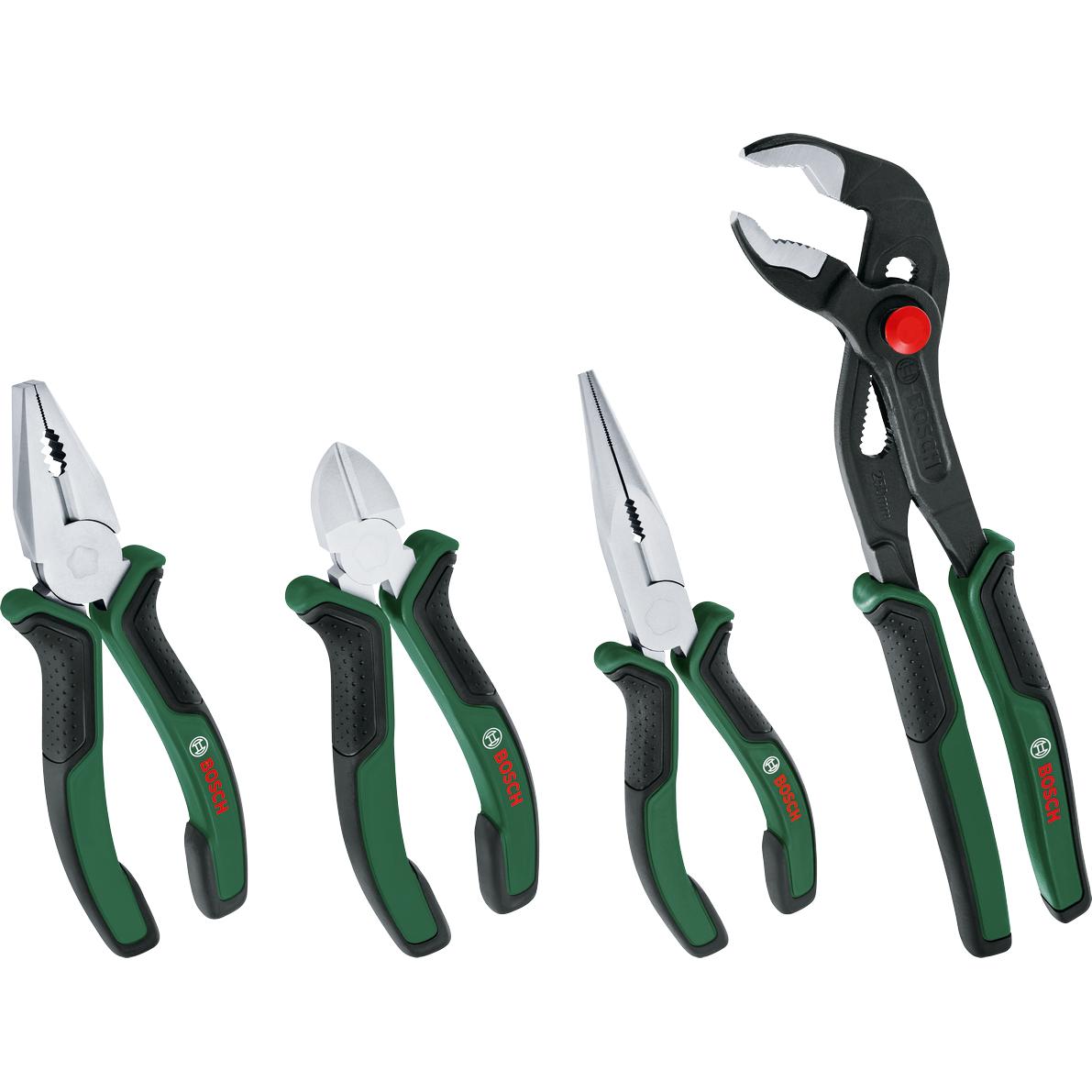 Juego 4 Alicates BOSCH Profesional Acero Carbono Niquelado Cromo Anticorrosión Mango Ergonómico Soft Grip Bricolaje