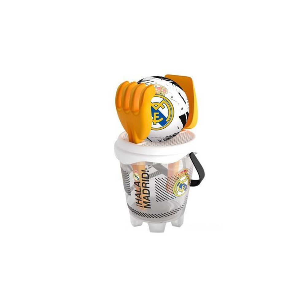 Mochila Cubo Castillo Real Madrid Diametro18Cm Con Pala,Rastrillo y Balon de 13 cm. (77599)
