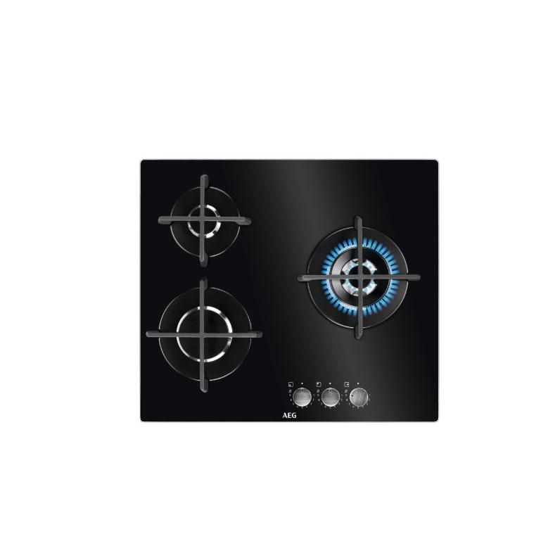 Placa a Gas 60cm AEG HKB63320NB  | 3 Zonas, Gas, Negro, Superficie Cristal, Fuego 12cm, 7900W