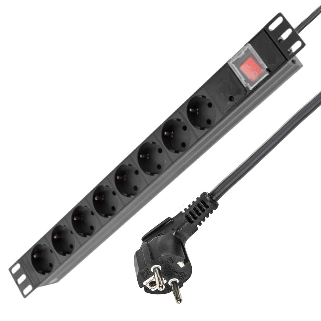 CABLEPELADO Regleta de 8 enchufes Rack, Regleta para Armario Rack, Base múltiple PDU para Armario Rack, Tomas de Enchufe schuko para Armario Rack, Apto para Armario de 19 Pulgadas, hasta 3500W
