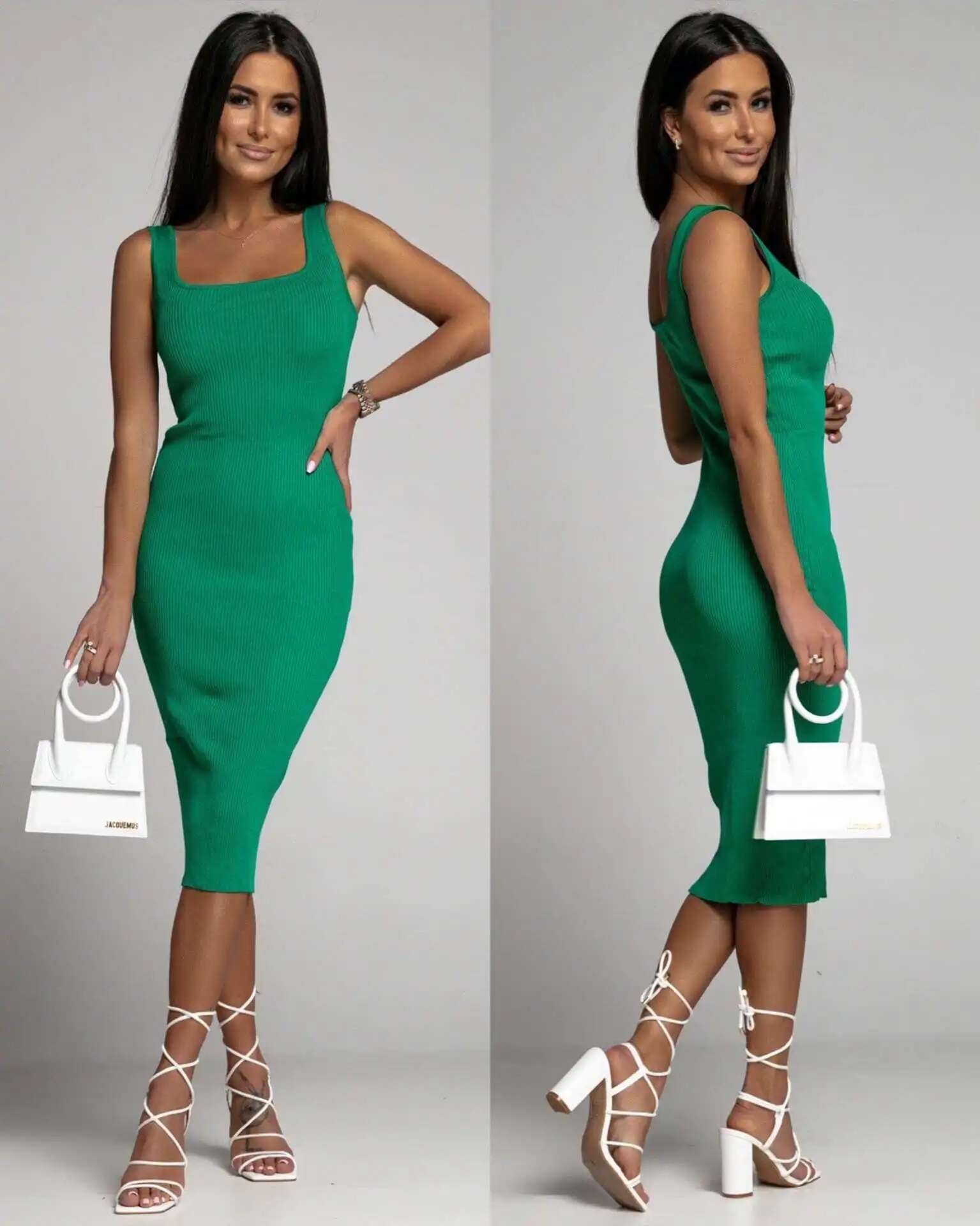 Vestido Bodycon de Moda Verano Cuello Cuadrado Kintted de Lino Khaki Vestido Mid de Moda para Mujeres Estilo Casual y Adelgazado - details 4