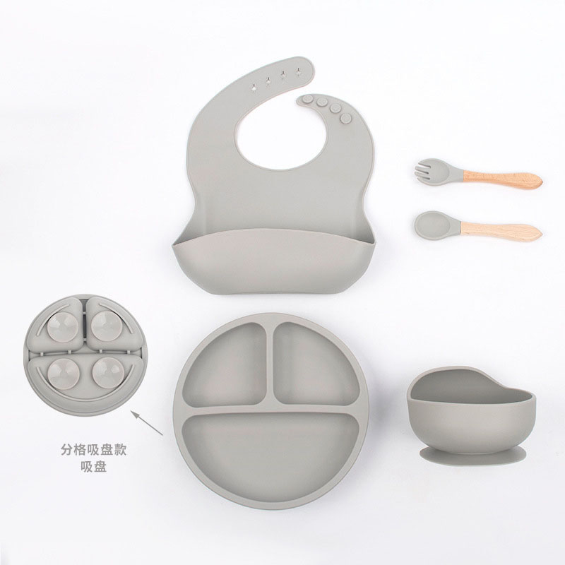SLAIXIU - Juego de vajilla de silicona para bebé, babero impermeable de Color sólido para recién nacido, plato de cena para eructar y Mini cuchara, 5 piezas